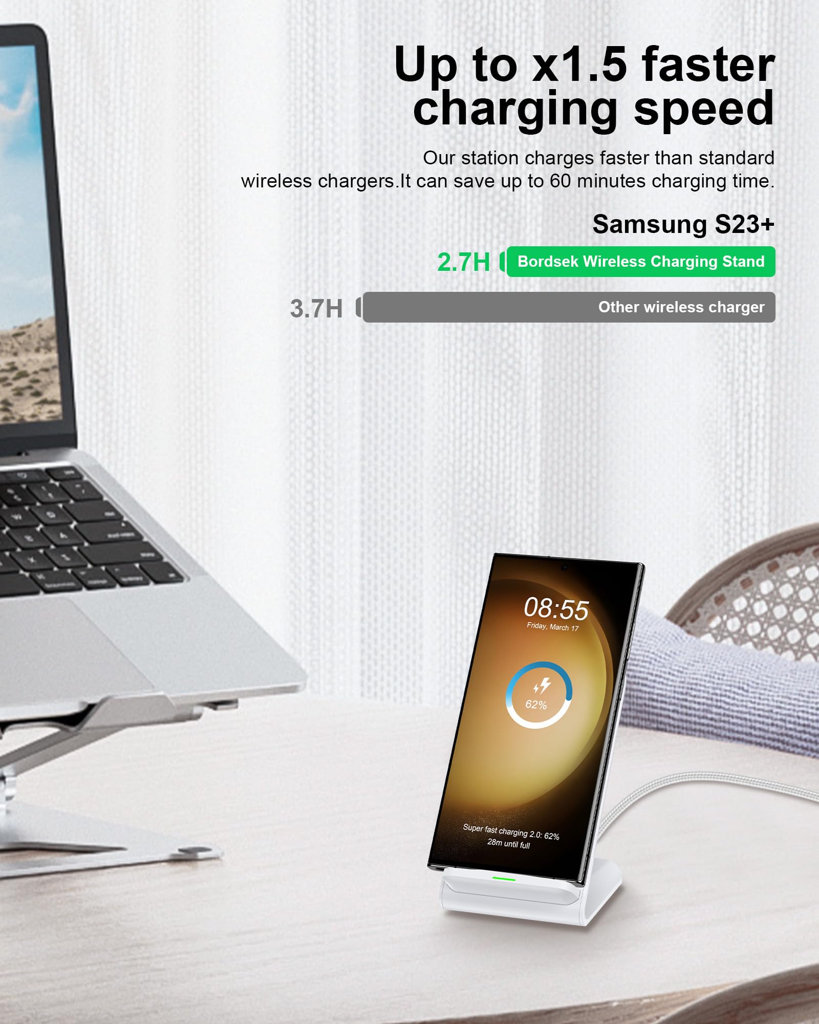 Fast 15W Max Samsung Wireless Charger Stand - QI Certified Phone Charging Dock for Galaxy S24/S23/S22/S21/S9/Z Fold6/Flip6/Note20 & iPhone 16/15 Pro Max/14/13 - Perfect for Office Desk, Nightstand, and Travel Use