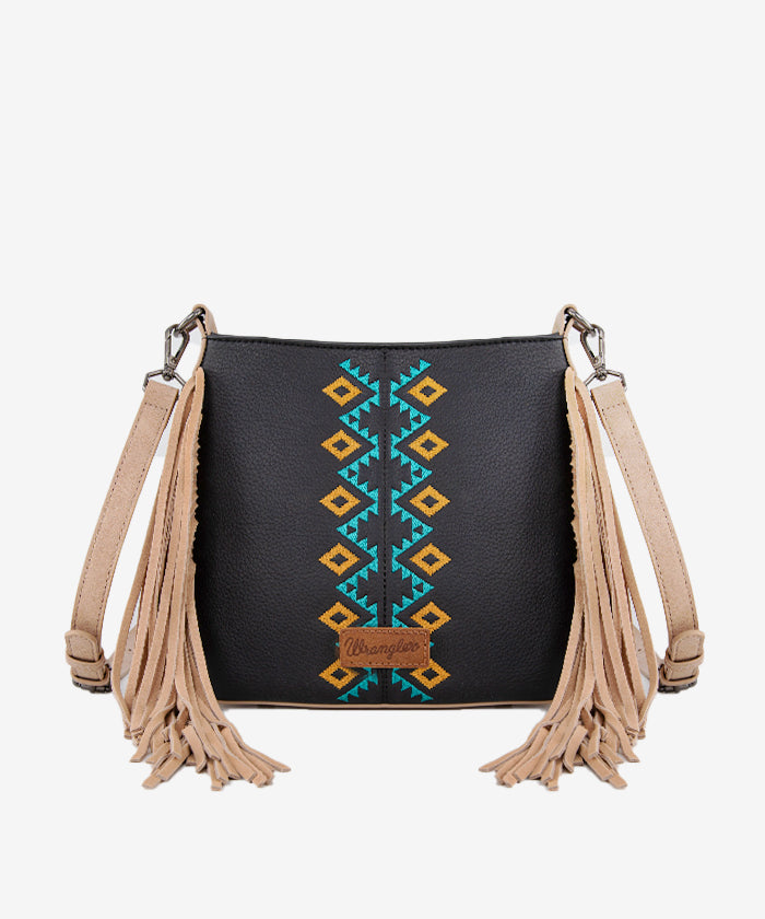 Wrangler Aztec Embroidered Fringe Crossbody Bag for Women - Boho Chic Handbag Perfect for Music Festivals & Everyday Use