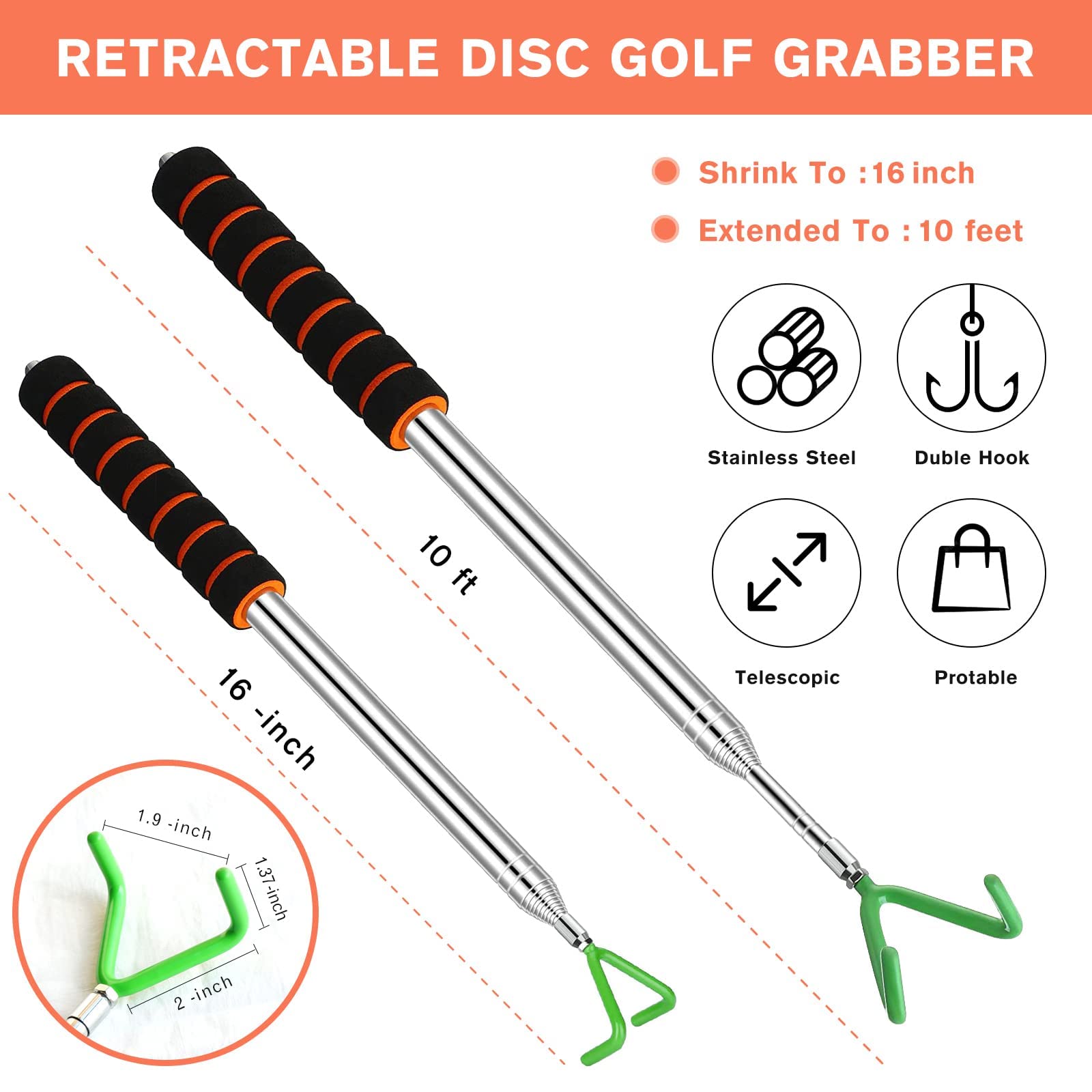 Premium Telescopic Disc Golf Retriever Extends to 10ft - Multifunctional Disc Golf Accessories with Carry Bag - Perfect Starter Kit for Disc Golf Enthusiasts - Ideal for Park Play, Course Retrieval & Outdoor Sports
