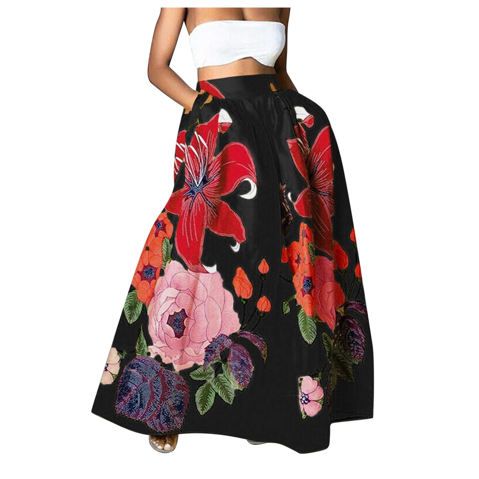 Bohemian Floral Print High Waist Maxi Skirt with Pockets - Perfect for Beach Parties, Summer Vacations, and Casual Outings