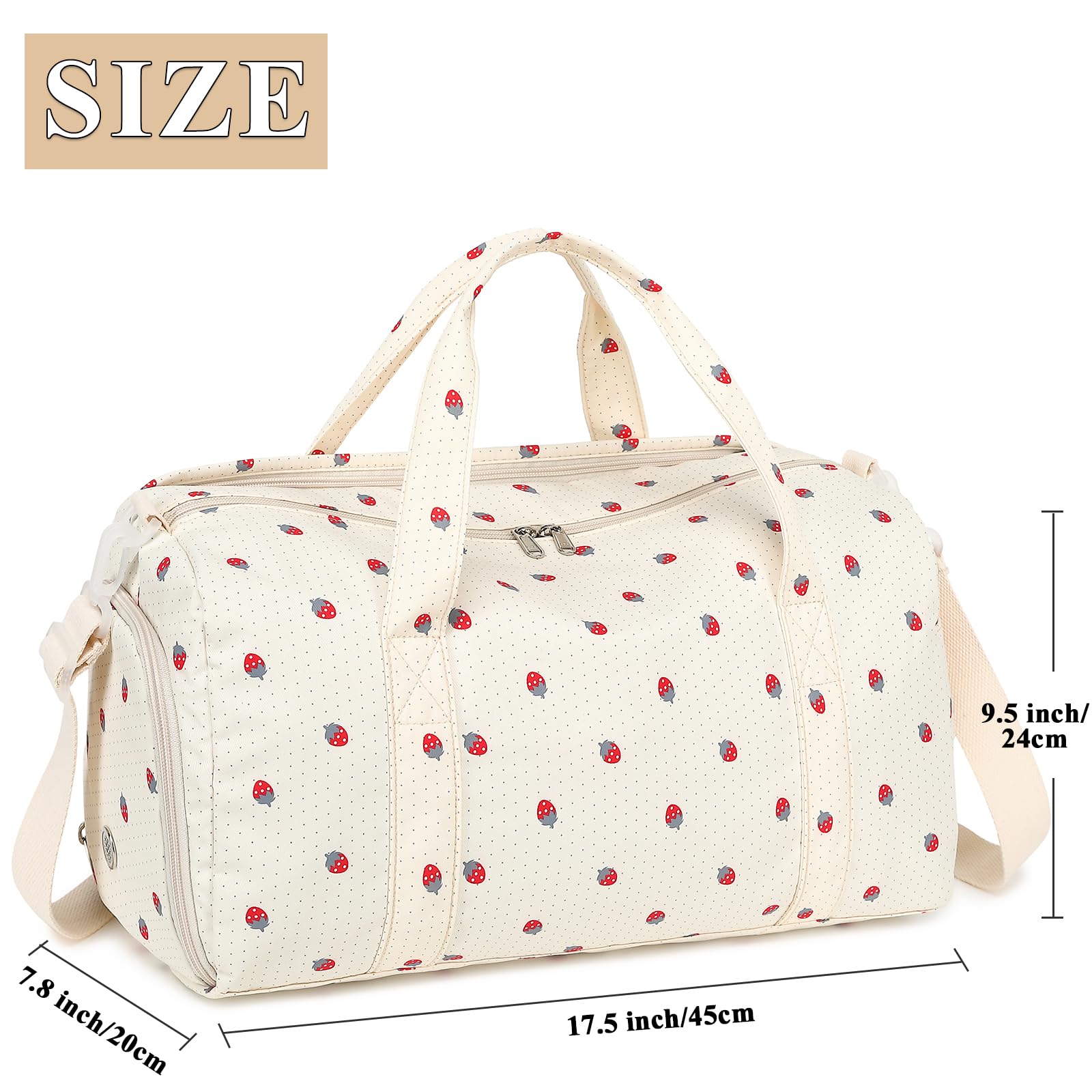 Gym Bag for Men & Women - Large Sports Duffle Bag with Wet Pocket & Waterproof Shoe Compartment | Foldable Weekender Overnight Travel Bag with Ventilation Holes | Perfect for Gym, Travel, Workout & Sports - Strawberry Beige