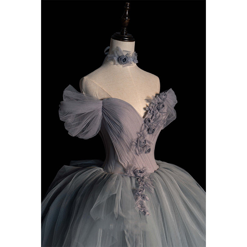 Elegant Off Shoulder Fluffy Ball Gown - Blue Gray Tulle Formal Dress for Prom, Evening Gala & Special Occasions | Women's Party Wear 706