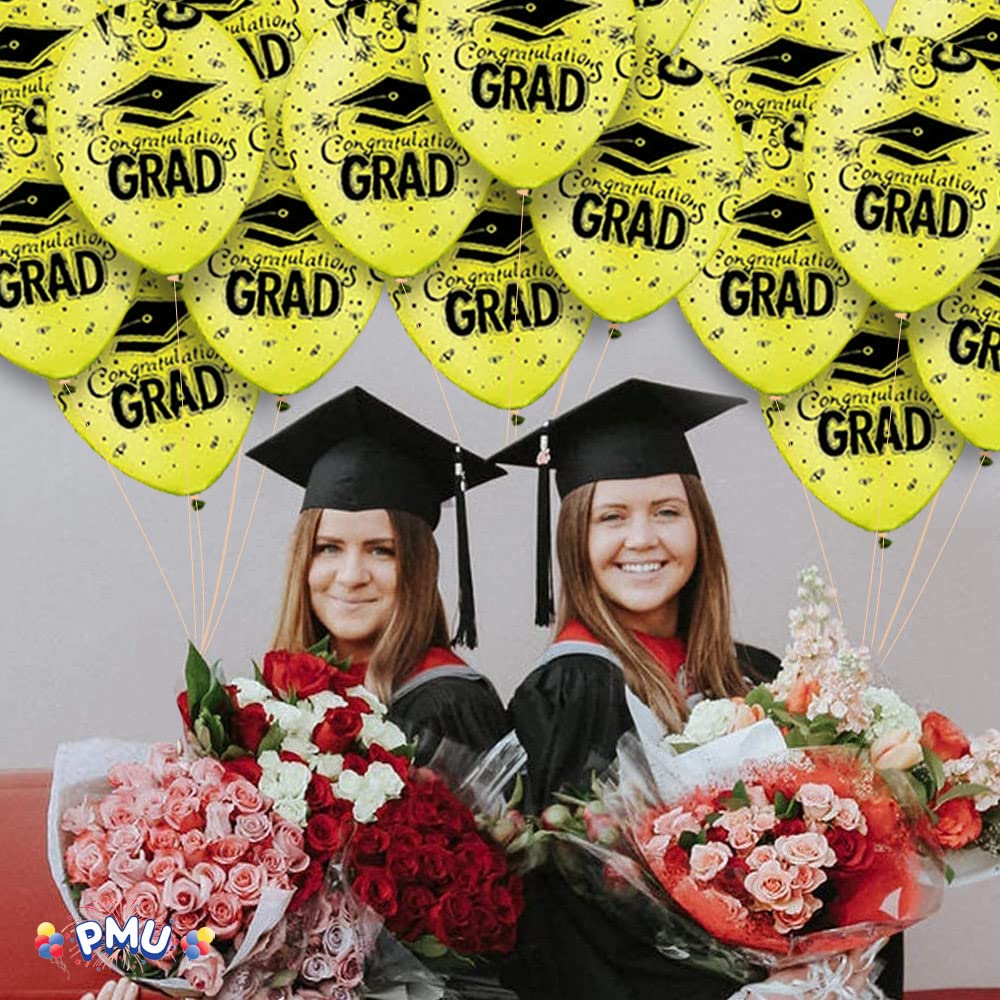 PMU Premium Crystal Yellow Graduation Balloons with All-Over Print Black Graduation Caps, Confetti & Streamers - 50 Pack Latex Balloons for Graduation Parties, Decorations & Celebrations | Perfect for Graduation Ceremonies, School Events & Party Decor