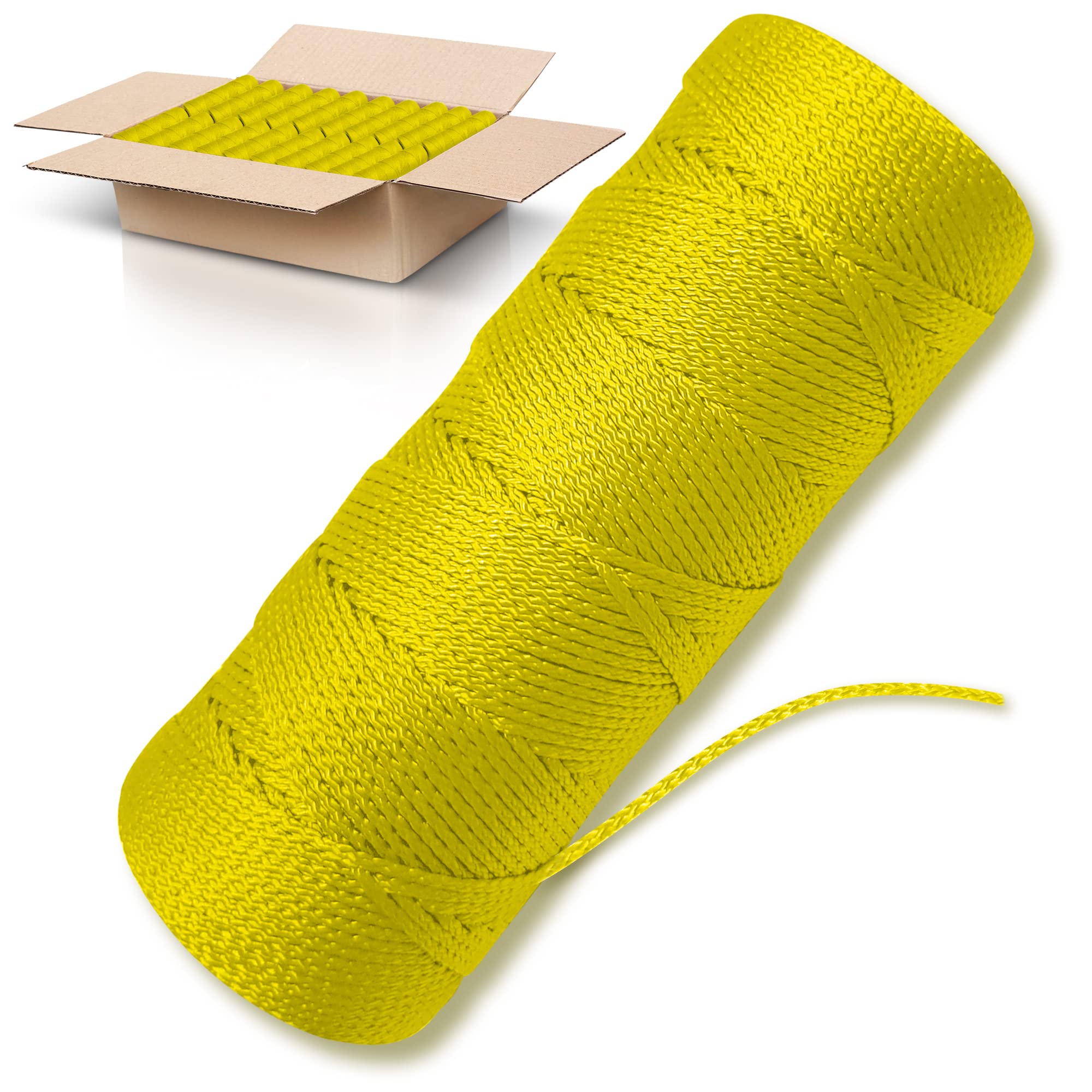 Yellow Mason Line String - 18# Braided Nylon Twine - 250 Ft per Roll (144 Rolls Pack) - Durable Construction String for Gardening, Masonry & String Levels - Ideal for DIY Projects, Landscaping & Professional Building Work