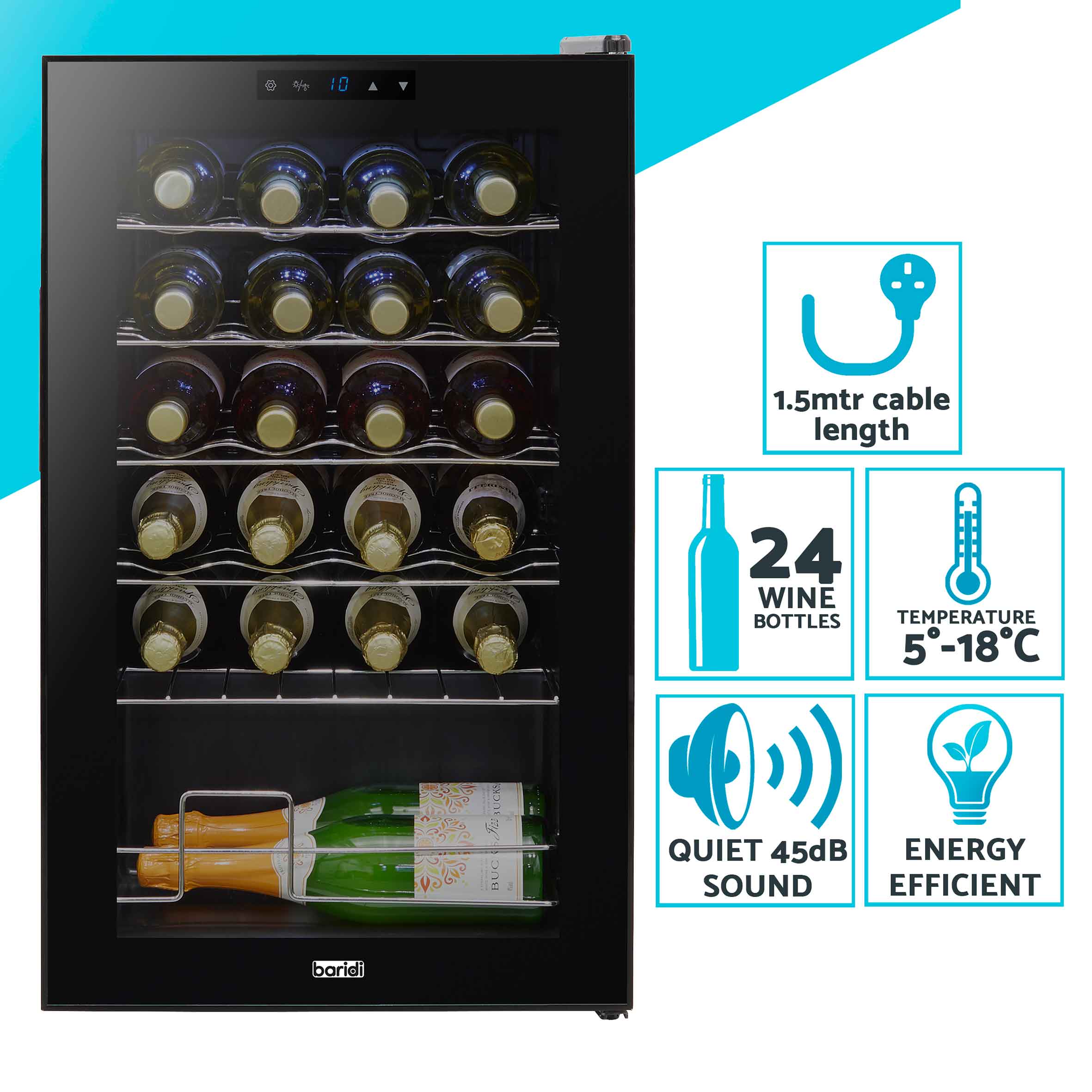 Baridi 24 Bottle Wine Cooler Refrigerator - Digital Touch Screen Control, LED Interior Lighting, Freestanding Black Wine Fridge - Perfect for Home Bars, Restaurants, and Wine Cellars