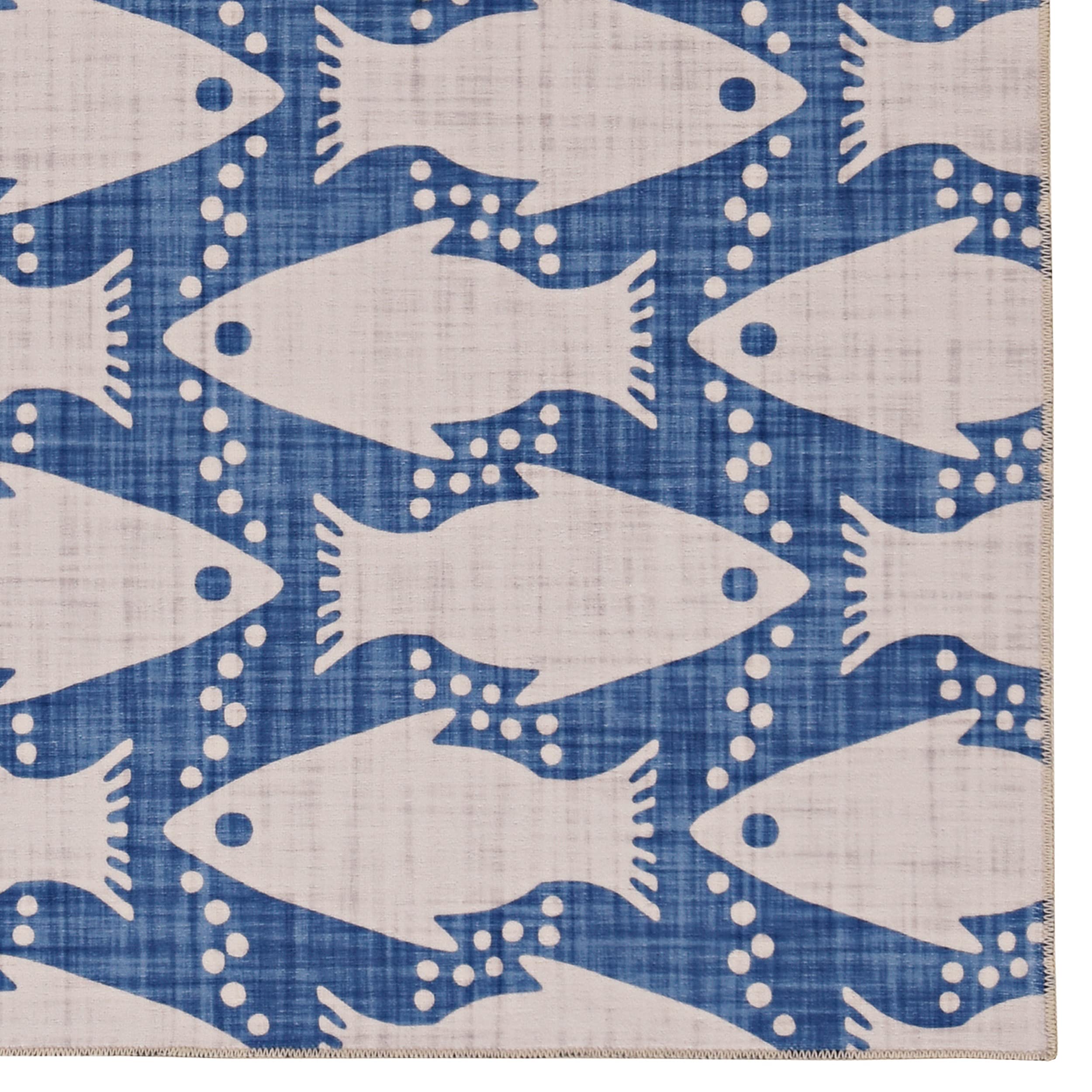 Linon The Anywhere Washable Rug Shayna Ivory/Blue 5' X 7' Area Rug - Soft & Durable Indoor/Outdoor Carpet for Living Room, Bedroom, Patio, or Office