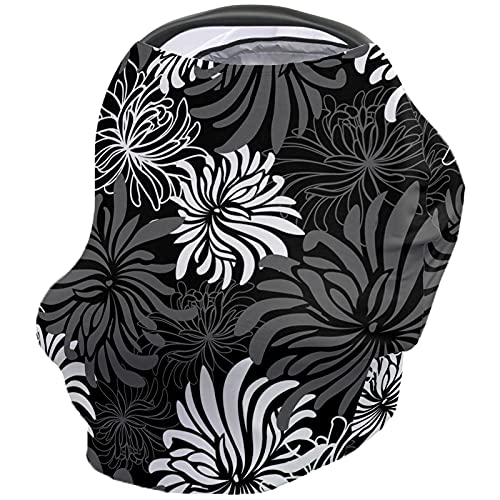 Breastfeeding Nursing Cover & Baby Car Seat Canopy - Grey White Chrysanthemum Floral Stroller Cover for Infant Girls/Boys | Shopping Cart Cover with Abstract Black Backdrop | Perfect for Nursing, Shopping & Outdoor Activities