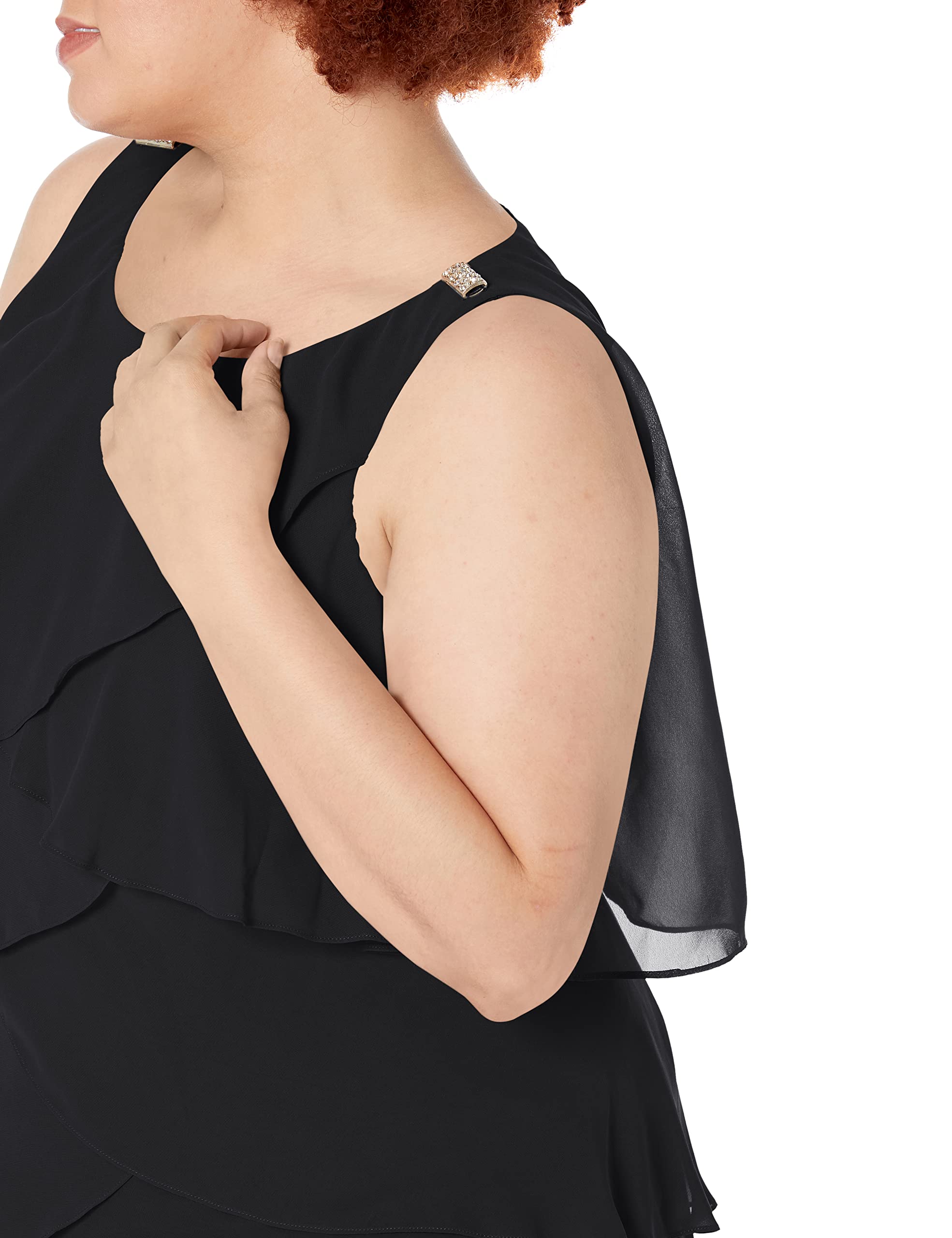 S.L. Fashions Women's Plus Size Solid Color Multi-Tier Embellished Shoulder Dress for Party, Wedding & Special Occasions