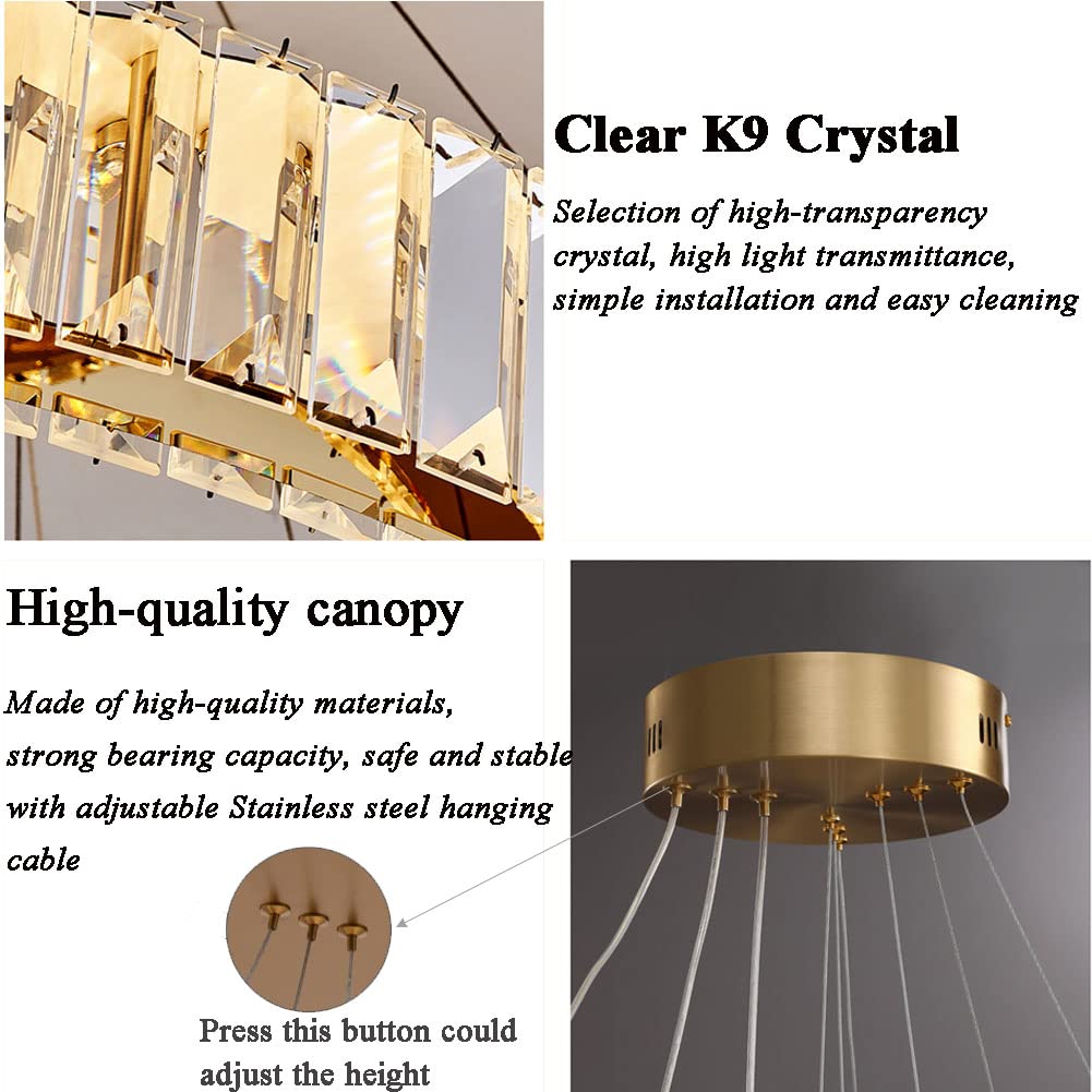 Modern Crystal Chandelier - 3 Ring LED Gold Pendant Light with Adjustable Stainless Steel Hanging Fixture, Warm White Light for Living Room Bedroom Dining Room | Elegant Home Decor & Wedding Venue Lighting