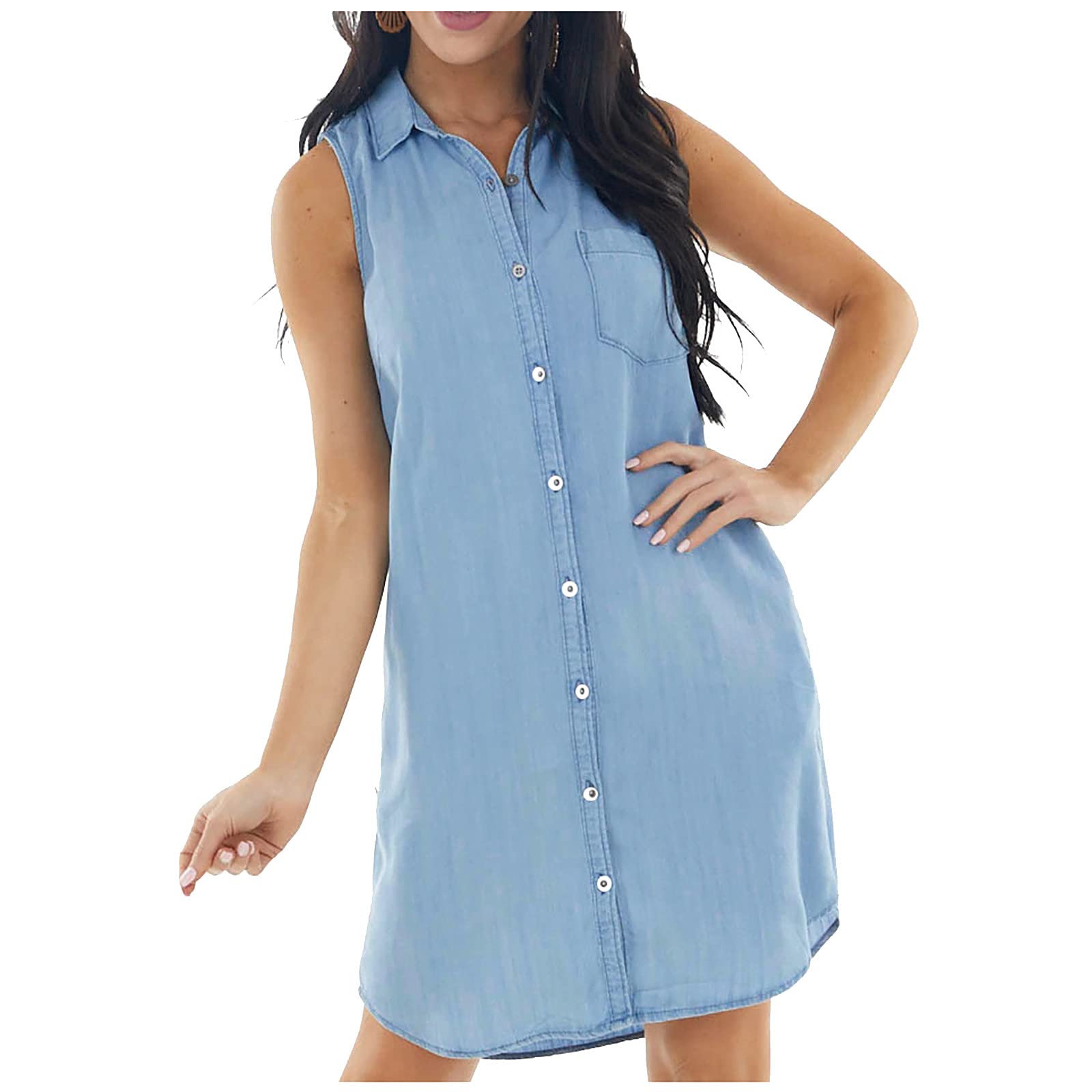 InKach Women's Sleeveless Denim Dress - Casual Button Down Jean Shirt Dress, Loose Fitted Comfortable Mini Tunic for Summer Outings, Beach Wear & Date Nights