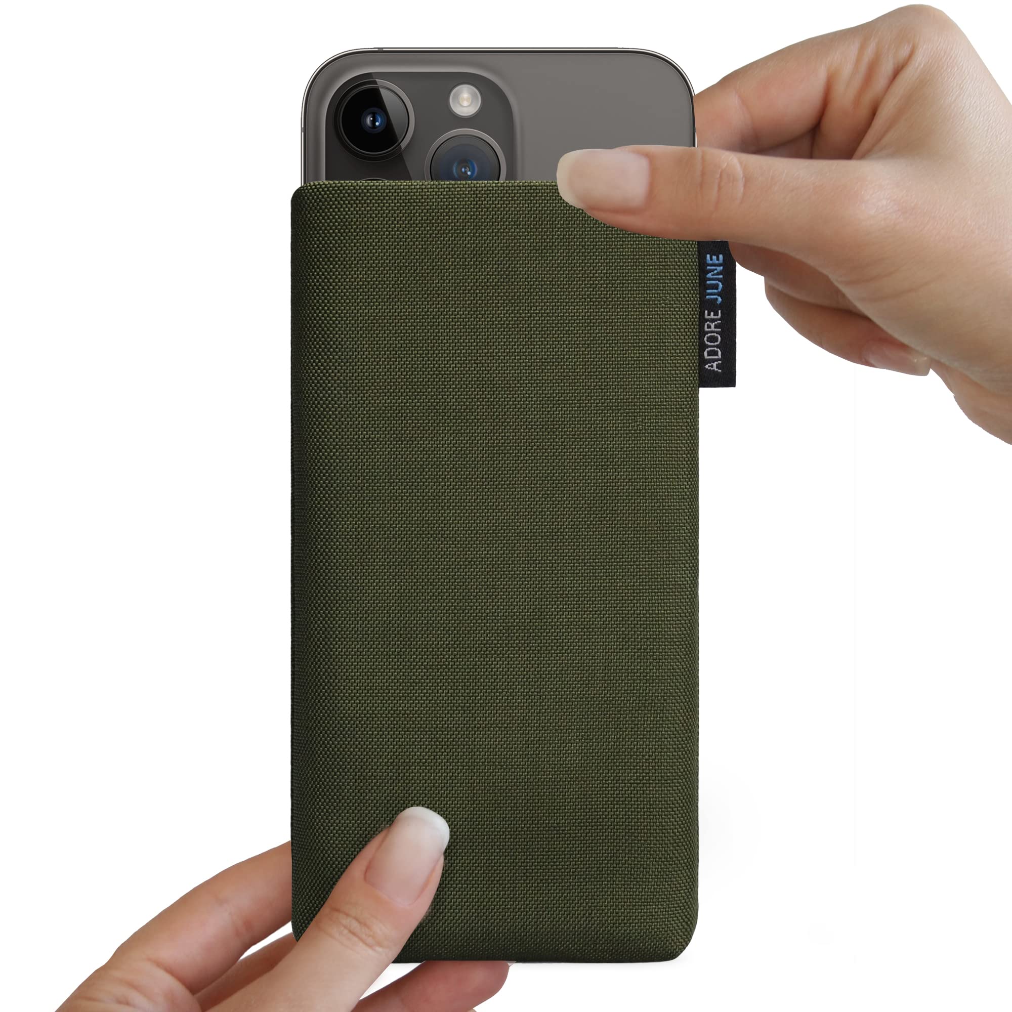 Adore June Classic Olive-Green iPhone 14-15 Plus/Pro Max Protective Sleeve - Durable Fabric Pouch Case with Screen Cleaning Feature | Perfect for Travel, Work & Everyday Use