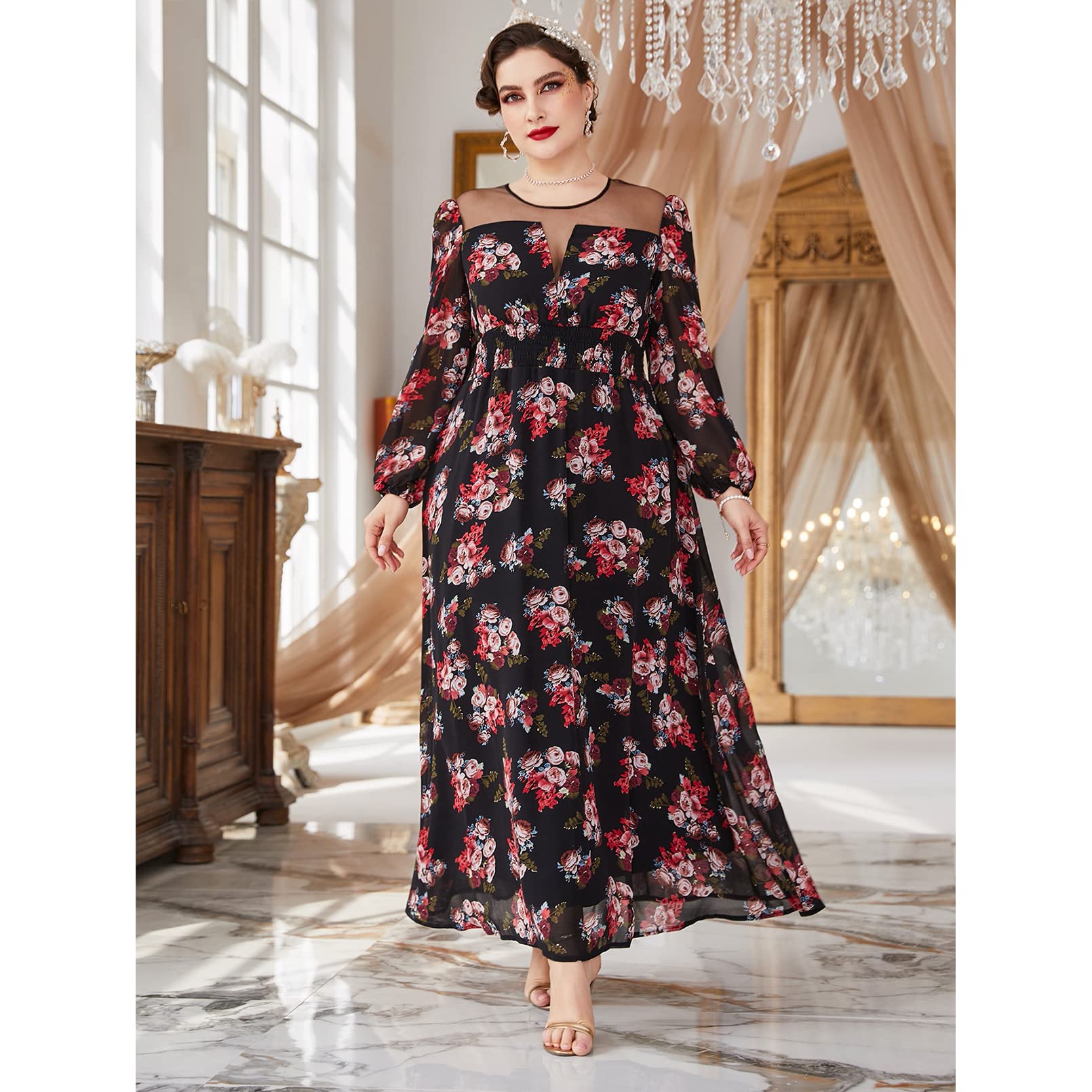Plus Size Floral Printed Elegant Deep V Neck Lace Maxi Dress for Women | Sexy & Stylish Long Dress for Evening Parties, Weddings & Special Occasions