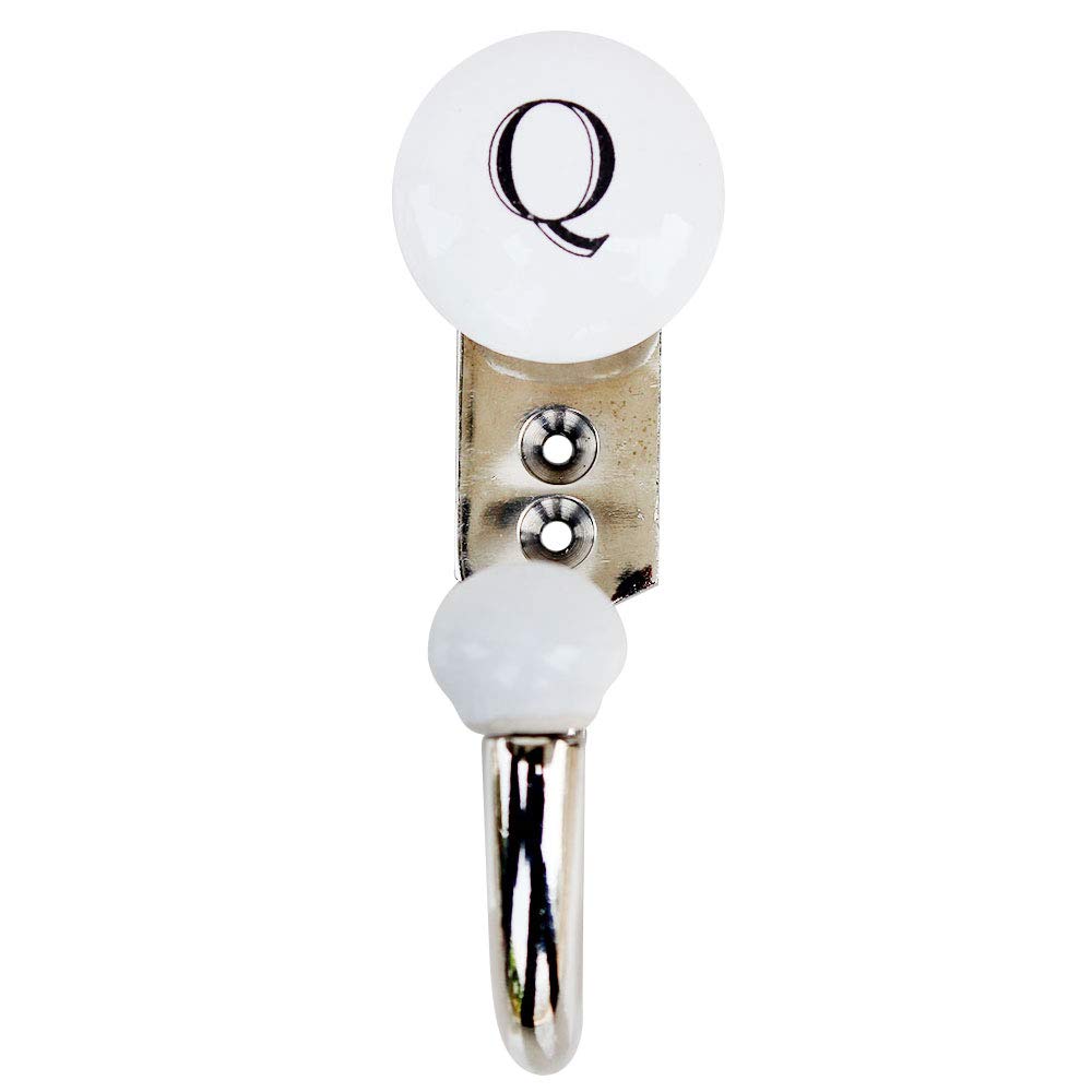 IndianShelf Ceramic Alphabet Q Hooks - Set of 6 White Antique Wall Hooks for Coats, Keys & Home Decor | Vintage Style Q Letter Hooks for Entryway, Bathroom & Bedroom Organization
