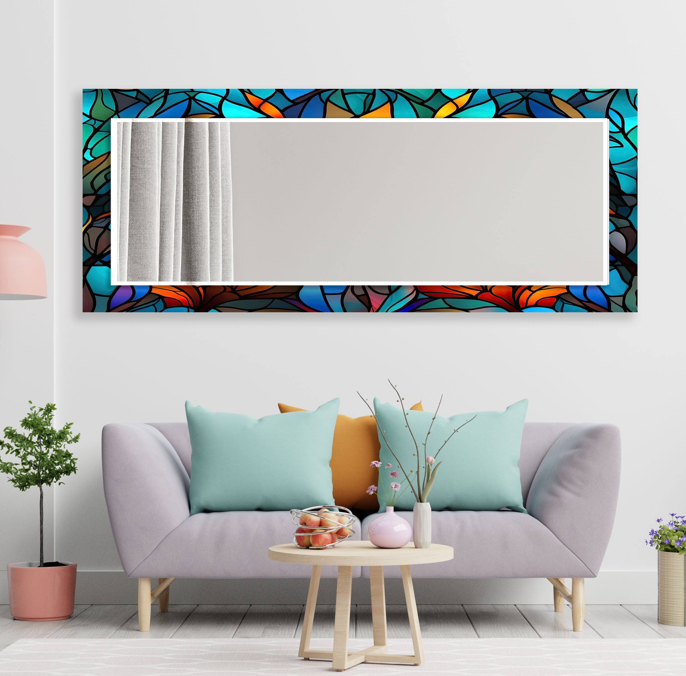 Blue Orange Leaf Wall Mirrors - Decorative Round Mirror for Living Room, Bedroom, Bathroom - Boho Home Decor Accent Piece