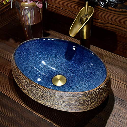 Blue Tempered Glass Bathroom Sink - Modern Oval Art Basin for Vanity & Dressing Table | Waterfall Pool Bowl Design | Faucet Not Included | Perfect for Small Spaces & Contemporary Bathroom Decor