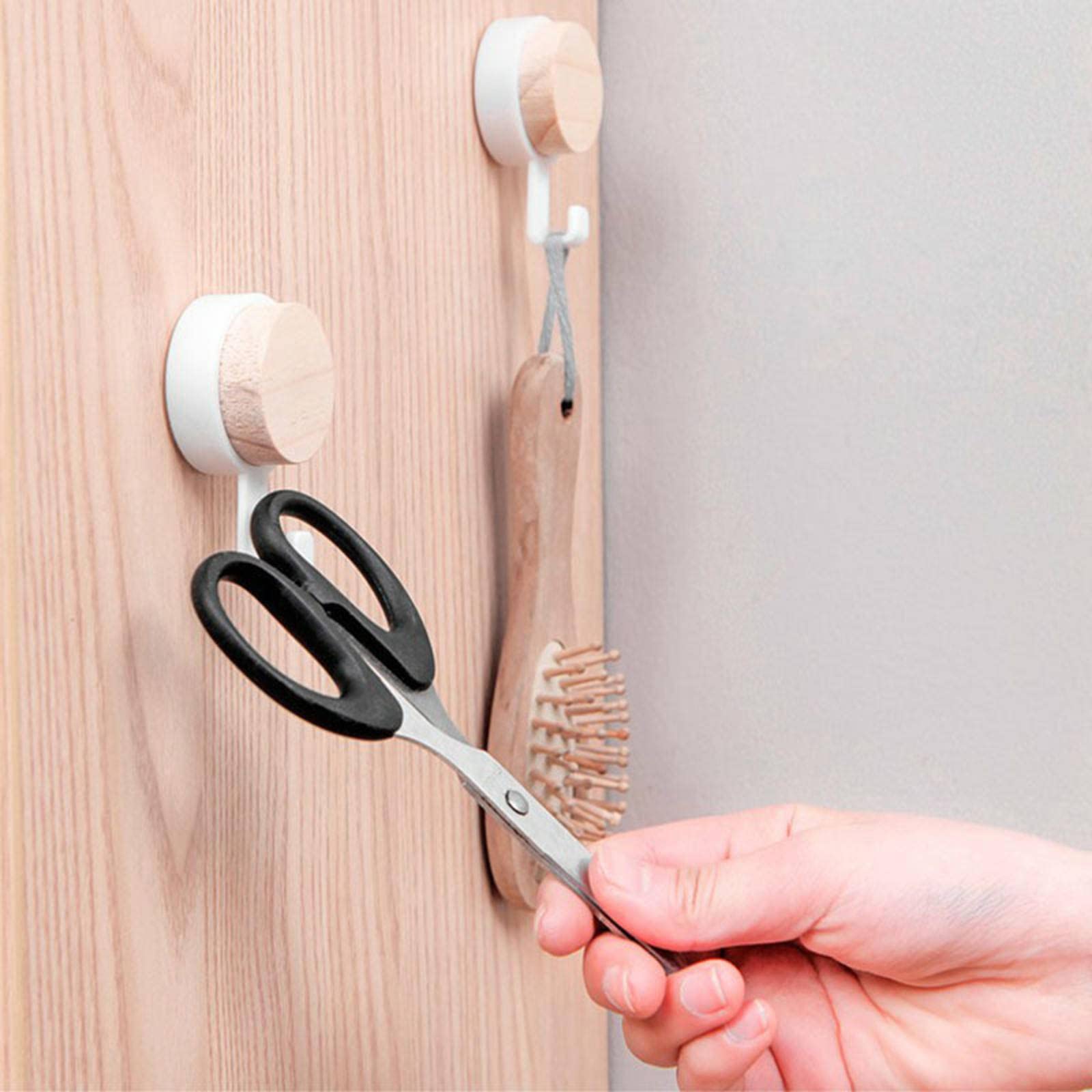 MBETA Wooden Round Head Wall Hooks - No Nail No Drill Damage-Free Hanging Solution - 10lb Heavy Duty Sticky Hooks for Doors, Bathrooms, Kitchen & Home Organization