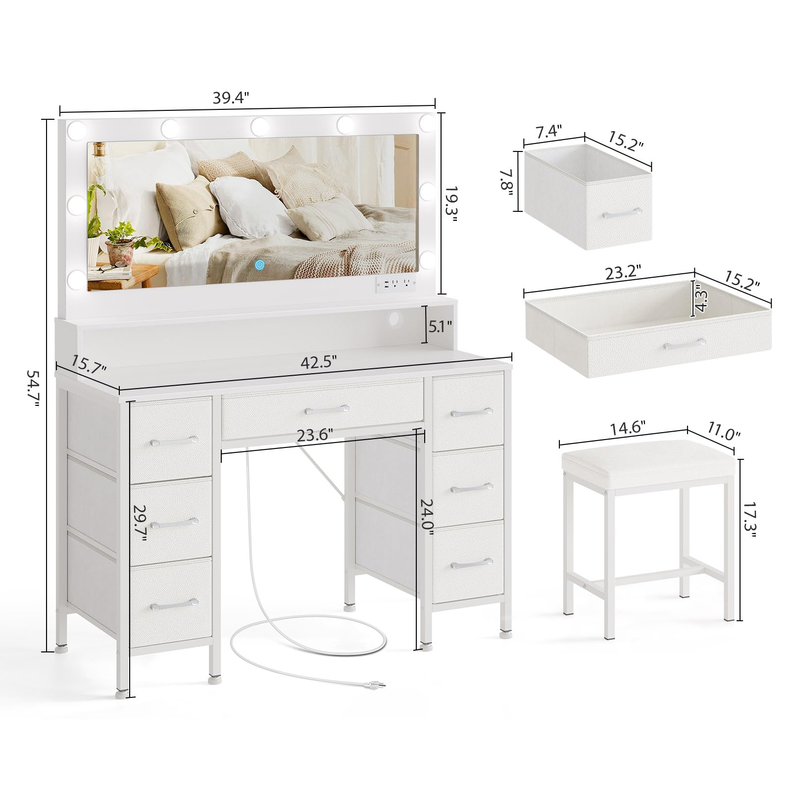 Rolanstar White Vanity Desk with Mirror & LED Lights - Makeup Vanity Set with Upholstered Stool, 7 Fabric Drawers, 9 Dimmable Bulbs & Power Outlets - Bedroom Vanity with RGB Strip Lights for Makeup, Dressing & Home Decor