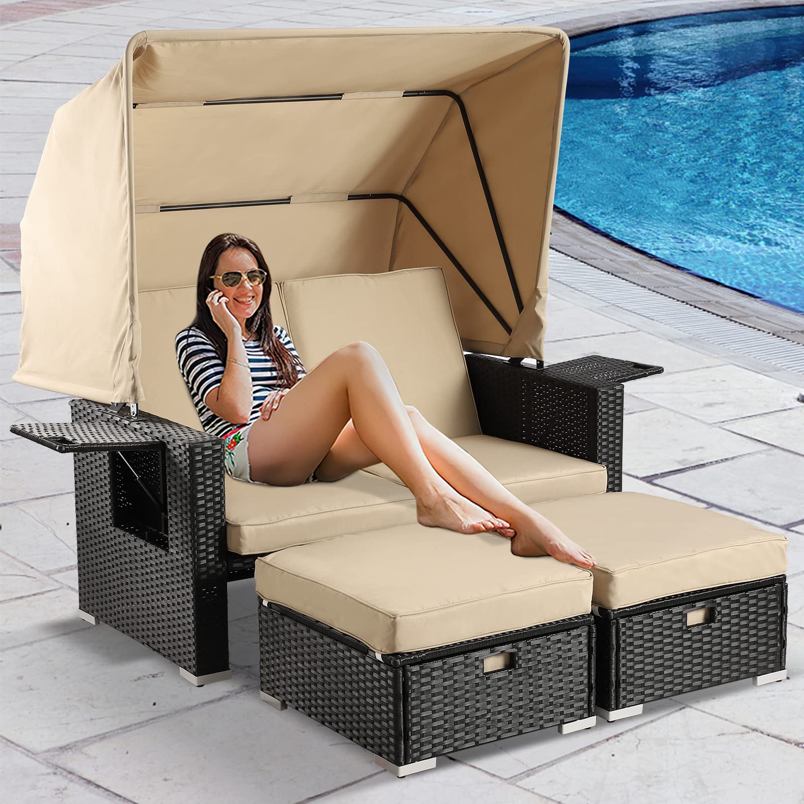 LEISU Outdoor Patio Furniture Sunbed with Retractable Canopy - PE Wicker Rattan Rectangle Sectional Sofa Set with Washable Cushions - Perfect for Lawn, Garden, Poolside & Backyard Relaxation (Khaki)