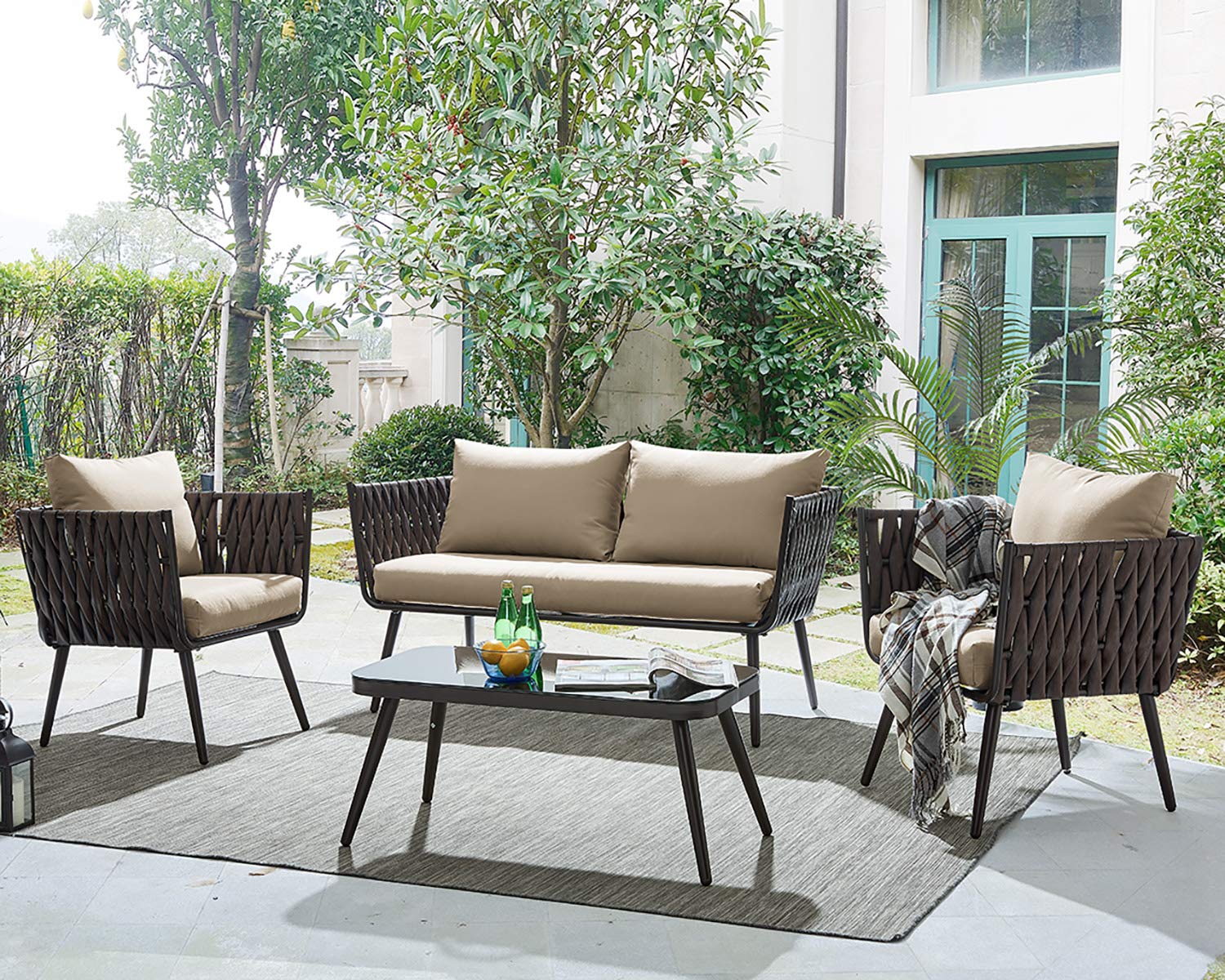 Barton 4-Piece Bistro Sofa Set with Cushions & Coffee Table - Outdoor Patio Wicker Rattan Furniture - Space-Saving Conversation Set for Garden, Balcony or Poolside Relaxation
