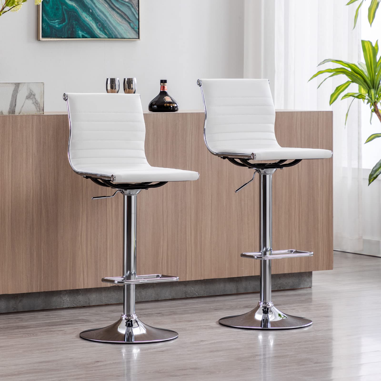 Modern White PU Leather Metal Bar Stools Set of 4 - Height Adjustable Armless Counter Stools with Chrome Base for Kitchen Island, Bar & Dining Room - Perfect for Home, Restaurant & Cafe Use