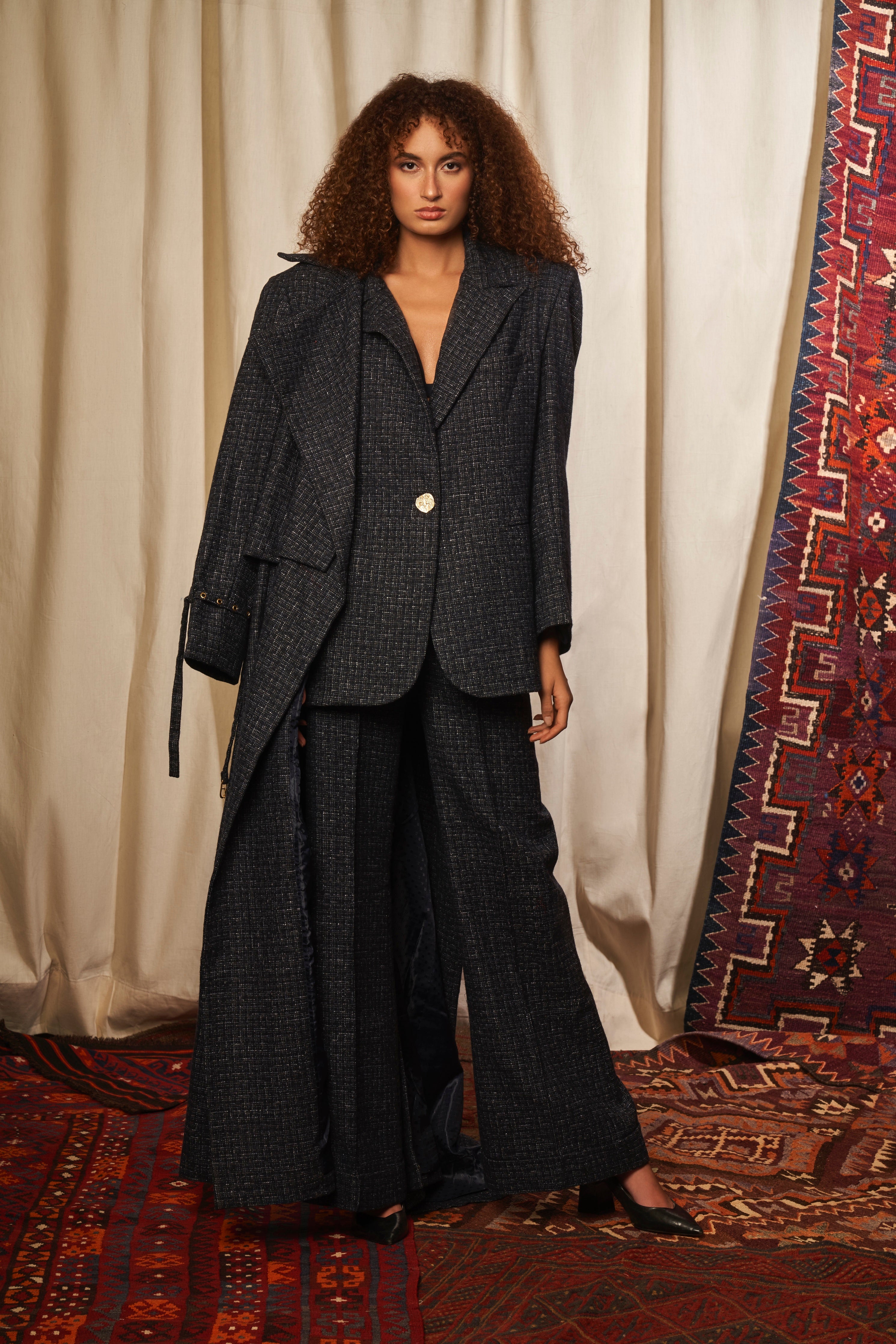 Navy Blue Trench Blazer for Women - Stylish Long Coat with Belt - Perfect for Office, Business Casual & Fall Fashion