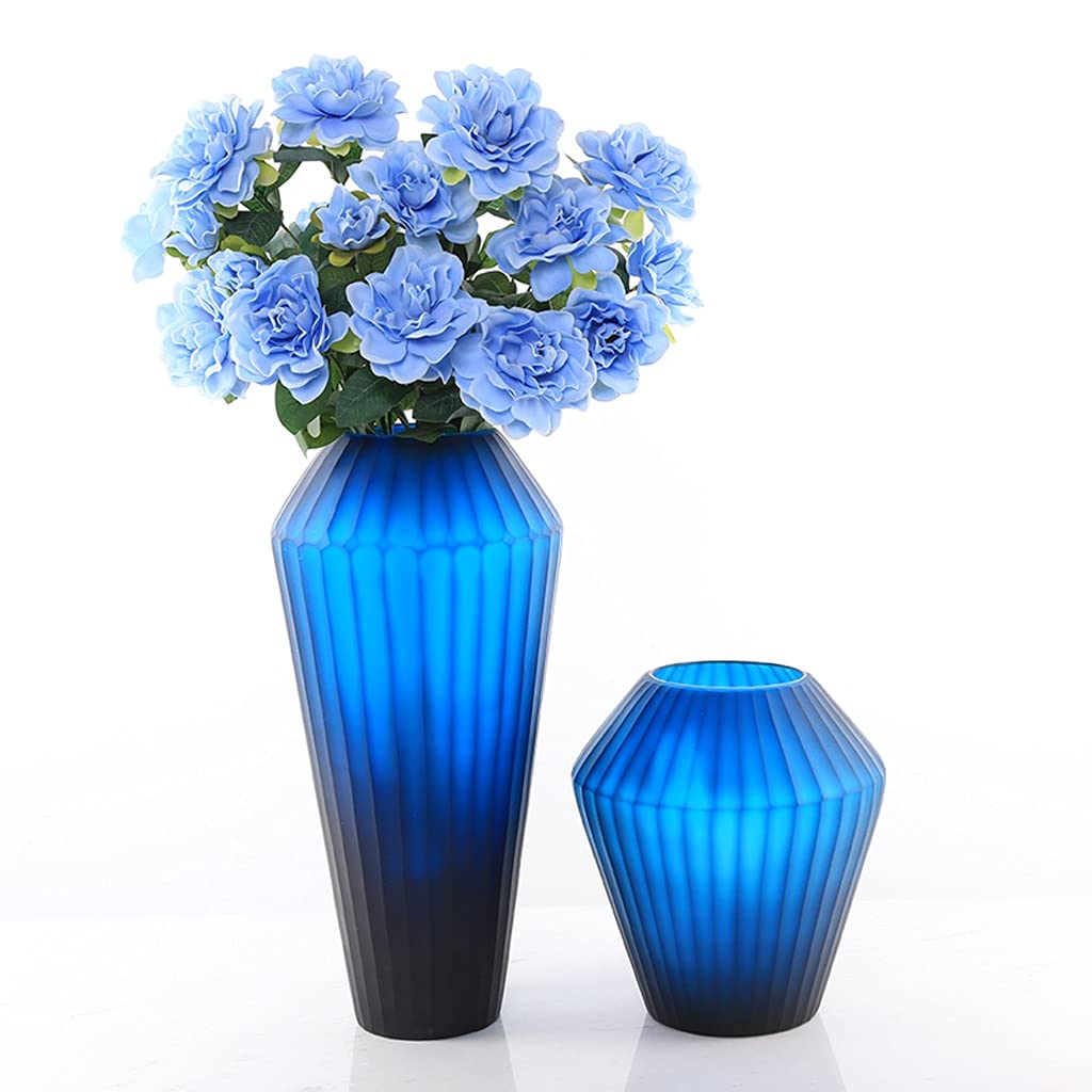Luxury Blue Carved Glass Vase - Elegant Home Decor for Living Room, Desktop Flower Arrangement, Hotel Decoration | Vertical Pattern Design, Perfect for Weddings, Dining Tables & Centerpieces (Size A)
