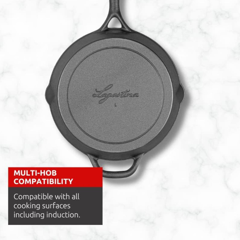 LAGOSTINA L999040130 10-Inch Cast Iron Skillet - Pre-Seasoned, Heavy Duty Cookware for Searing, Frying & Baking - Perfect for Stovetop, Oven & Camping Use