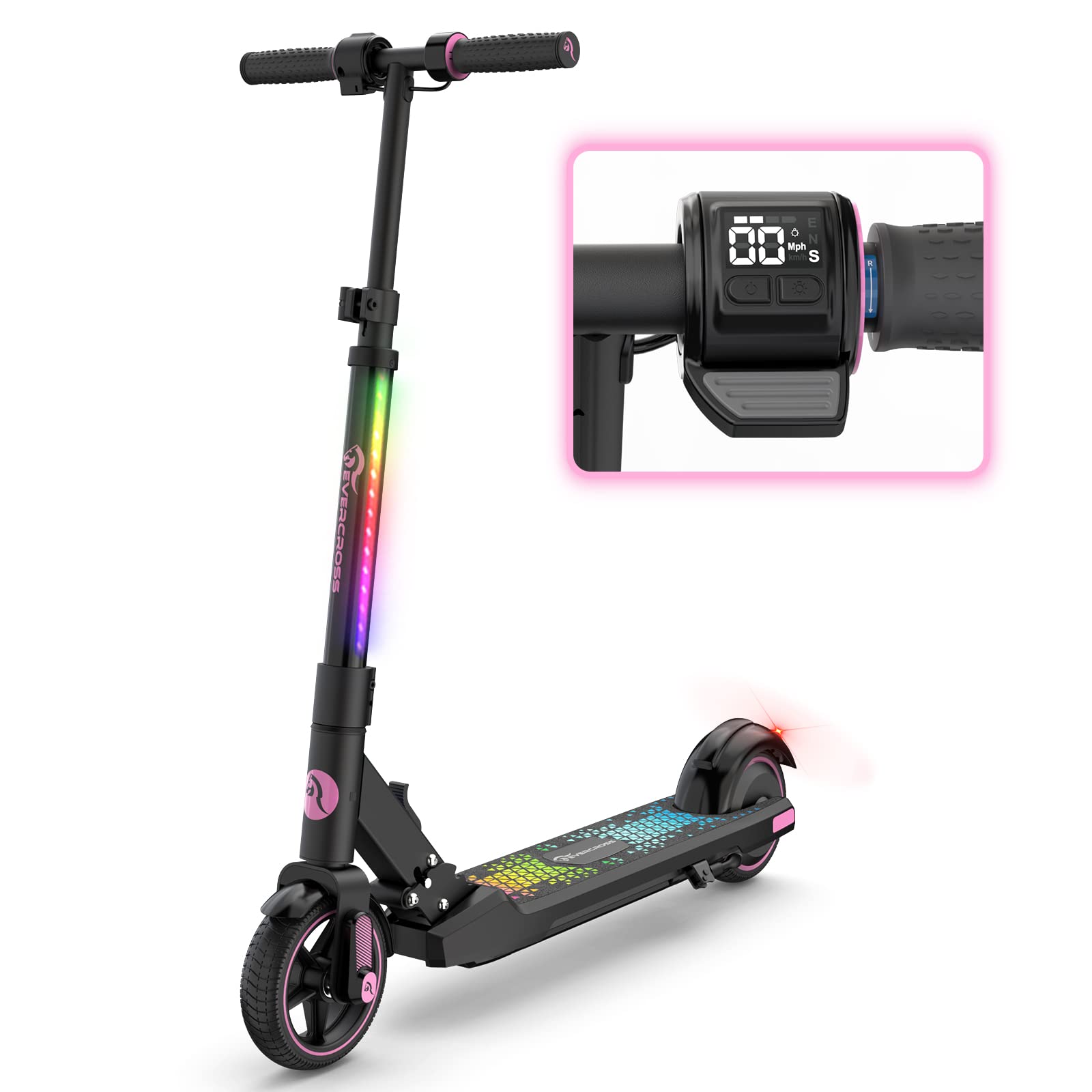 EVERCROSS EV06C Foldable Electric Scooter for Kids Ages 6-12 - 9.3 MPH Max Speed, 5 Mile Range, LED Display & Colorful Lights - Lightweight Commuter Scooter for School, Park & Neighborhood Rides