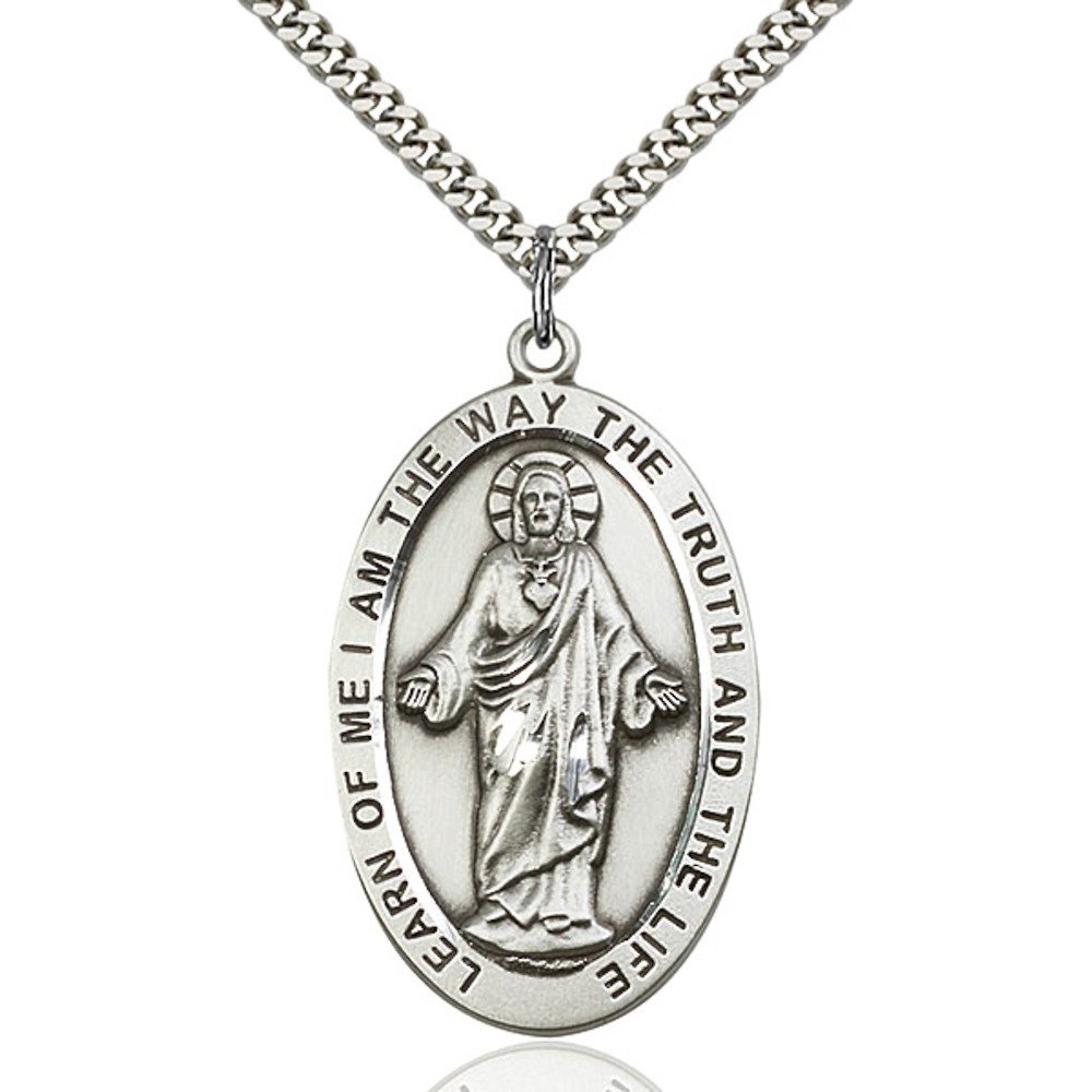 Premium Sterling Silver Men's Scapular Pendant with 24 Inch Heavy Curb Chain - Religious Jewelry Gift Set in Deluxe Box - Perfect for Baptism, Confirmation & Spiritual Protection