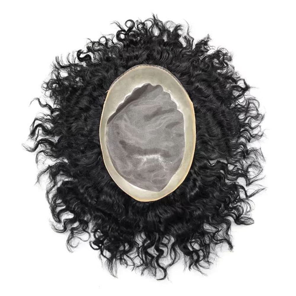 **Afro Toupee for Black Men - Human Hair System with Kinky Curly Wavy Texture | Bleached Knots & Natural Hairline | Breathable Weave (8
