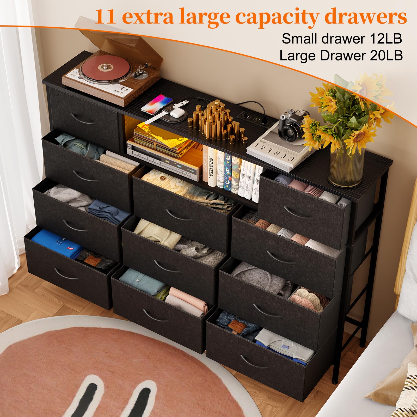 Fixwal 11-Drawer Long Dresser for Bedroom with USB Charging Station & LED Lights, Black Fabric TV Stand Chest with PU Finish - Perfect for Bedroom Storage, Living Room Entertainment Center & Entryway Organization