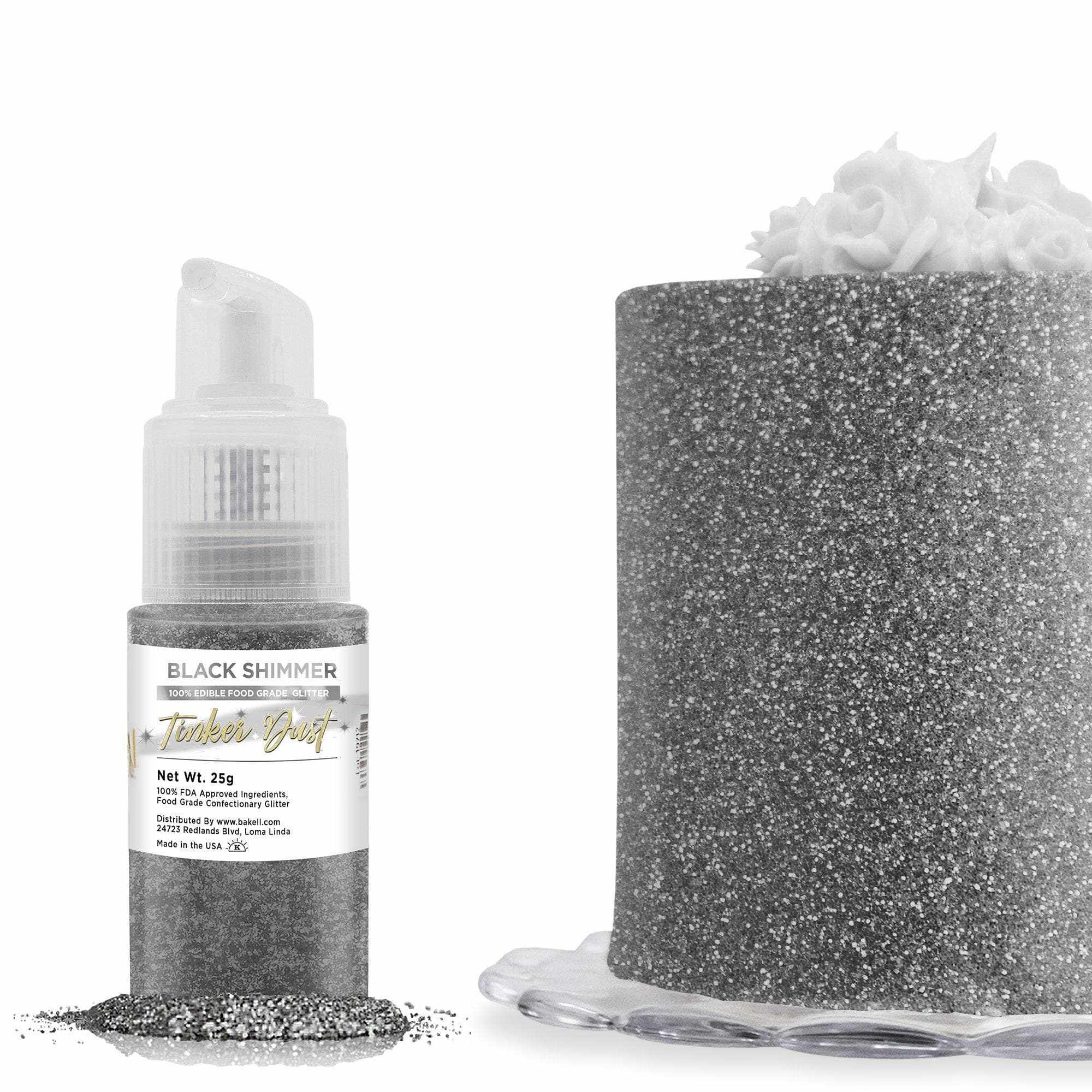 Black Shimmer Edible Glitter Spray 25g Pump | Tinker Dust® | Food-Safe Cake Decorating, Cupcake Topper & Cocktail Garnish for Parties & Baking