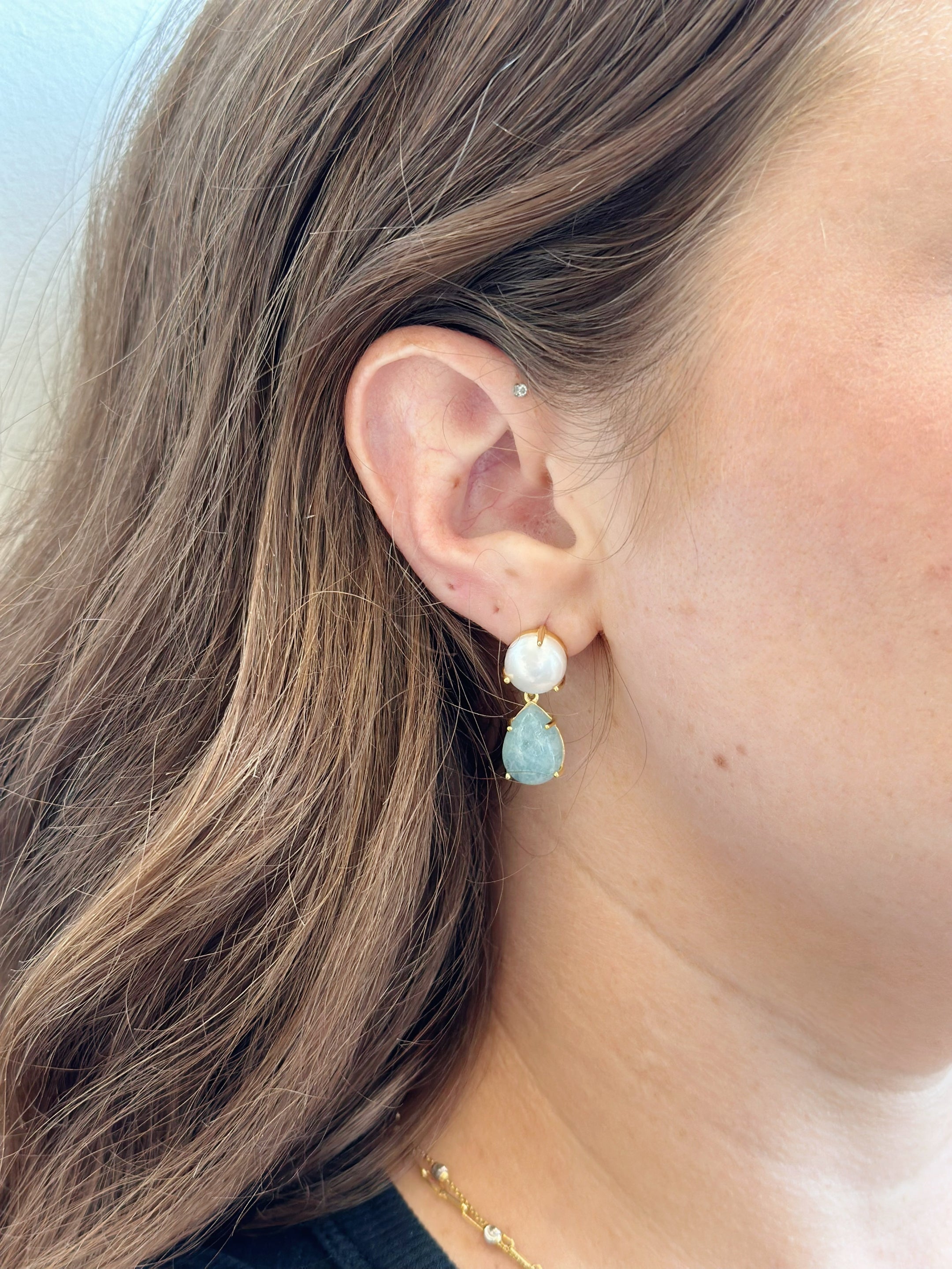 Amare Wear Freshwater Pearl & Teardrop Aquamarine Dangle Earrings | Elegant Statement Jewelry for Women | Perfect for Weddings, Parties & Special Occasions