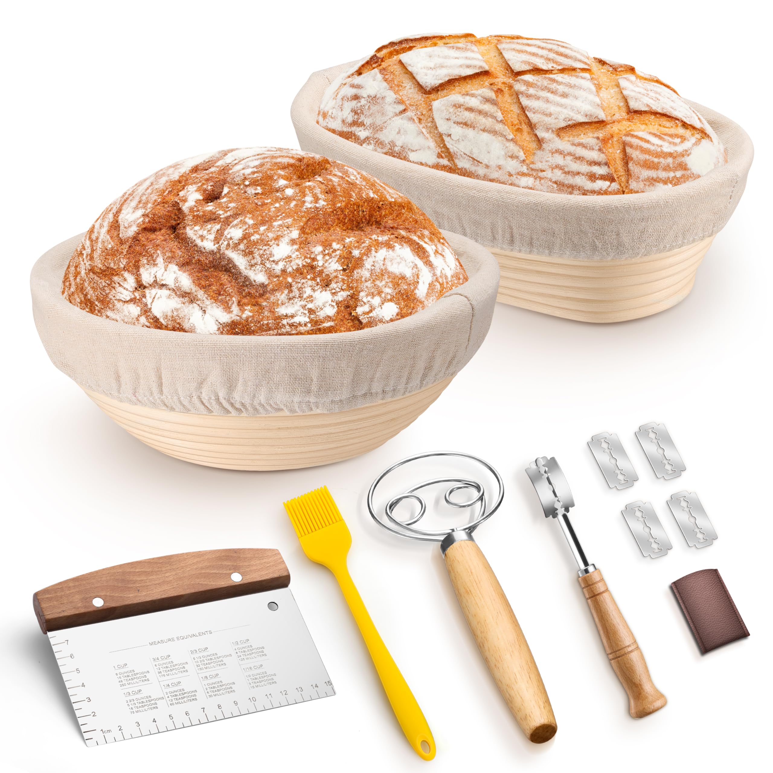 TeamFar 9” Round & 10” Oval Bread Proofing Basket Set with Liner - Sourdough Starter Kit for Artisan Bread Making (Includes Bread Lame, Whisk, Dough Scraper & Basting Brush) - Perfect for Home Bakers & Professional Bakeries