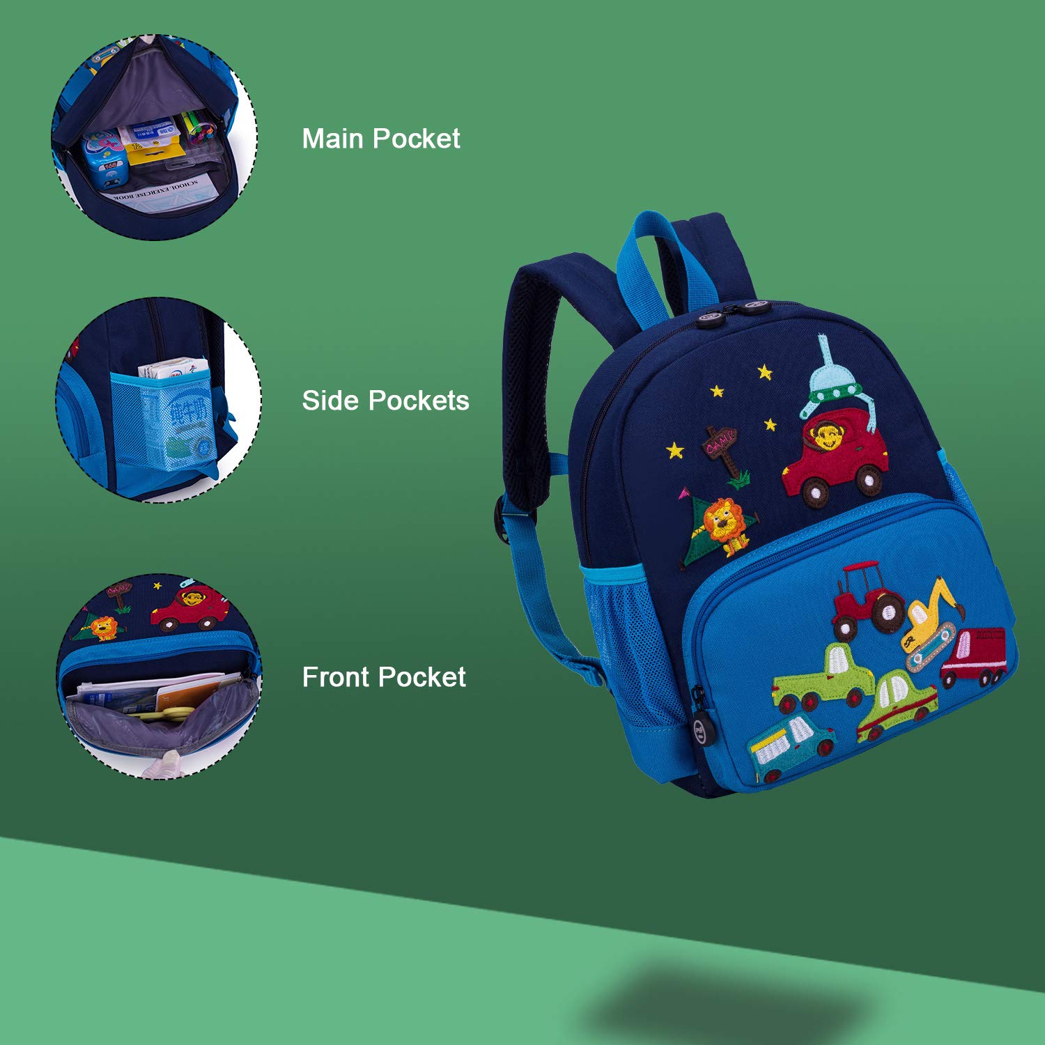 **3D Cute Zoo Little Kids Backpack for Boys & Girls - Waterproof Toddler Backpack for Preschool, School & Travel (Blue Car Design)**