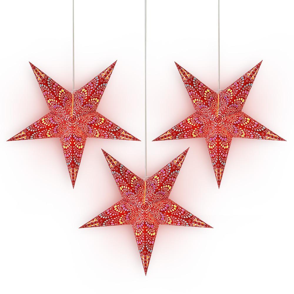 3 Pack 24 Inch Red Aloha Paper Star Lanterns with LED Bulbs & Lamp Cord - Hawaiian Party Decorations for Luau, Wedding, Backyard, Patio & Tropical Themed Events