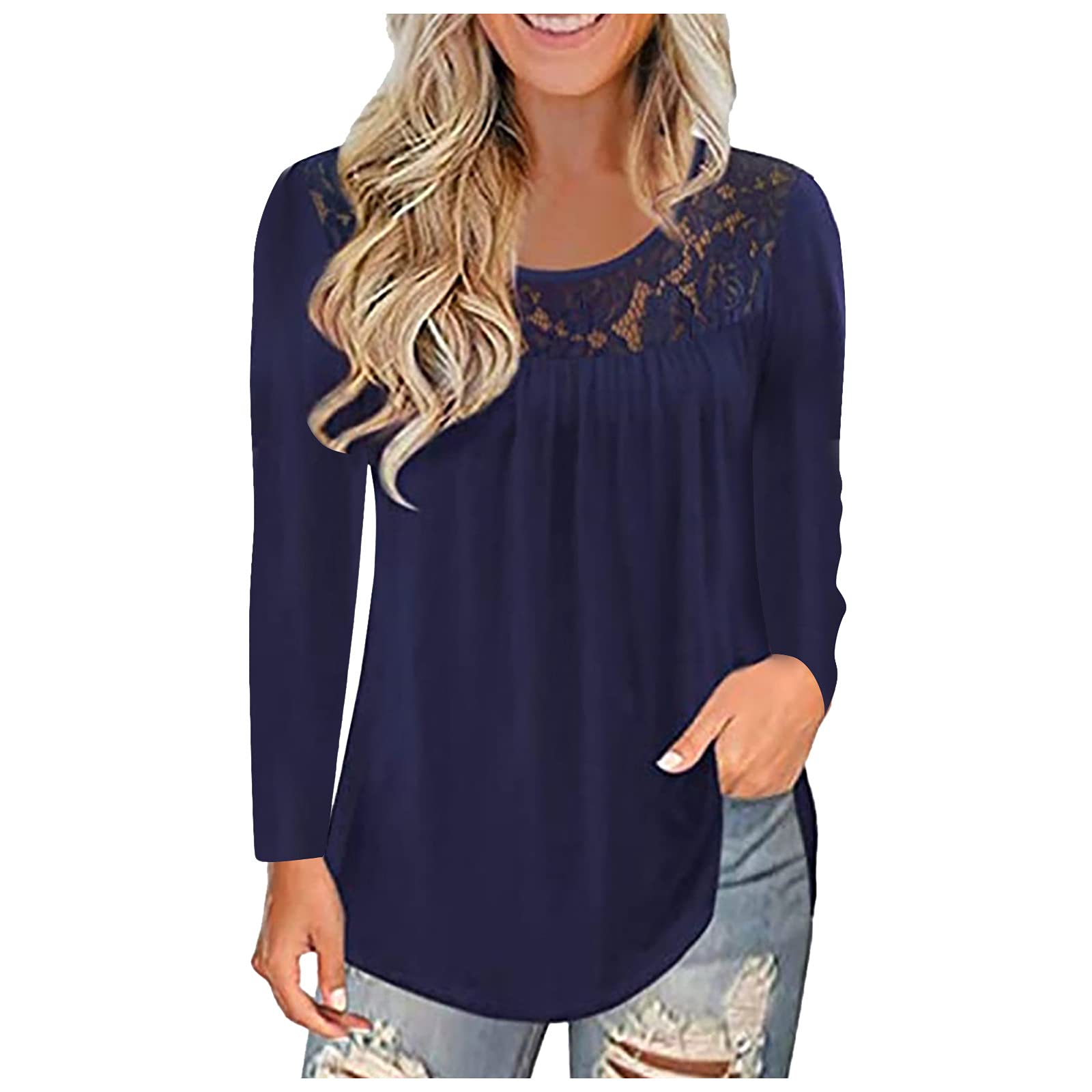 SERYU Women's Plus Size Long Sleeve Lace Pleated Tunic Tops - Flowy Blouse for Work, Party & Casual Wear