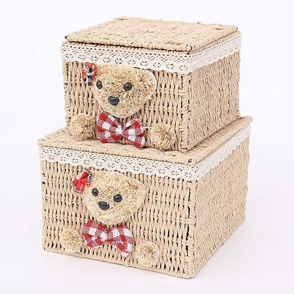2 Pack Rattan Woven Storage Baskets with Lid - Natural Wooden Color for Clothes, Toys, Snacks & Cosmetics Organization | Perfect for Bedroom, Bathroom & Nursery Storage Solutions