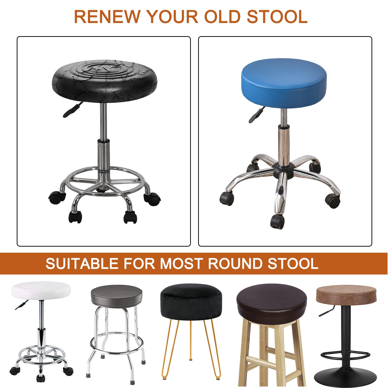 Waterproof Round Bar Stool Covers Set of 2 - PU Leather Stretch Seat Cushion Covers with Non-Slip Bottom for Kitchen, Dining Room & Bar Stools - Blue - Perfect for Home Decor, Restaurant & Cafe Use