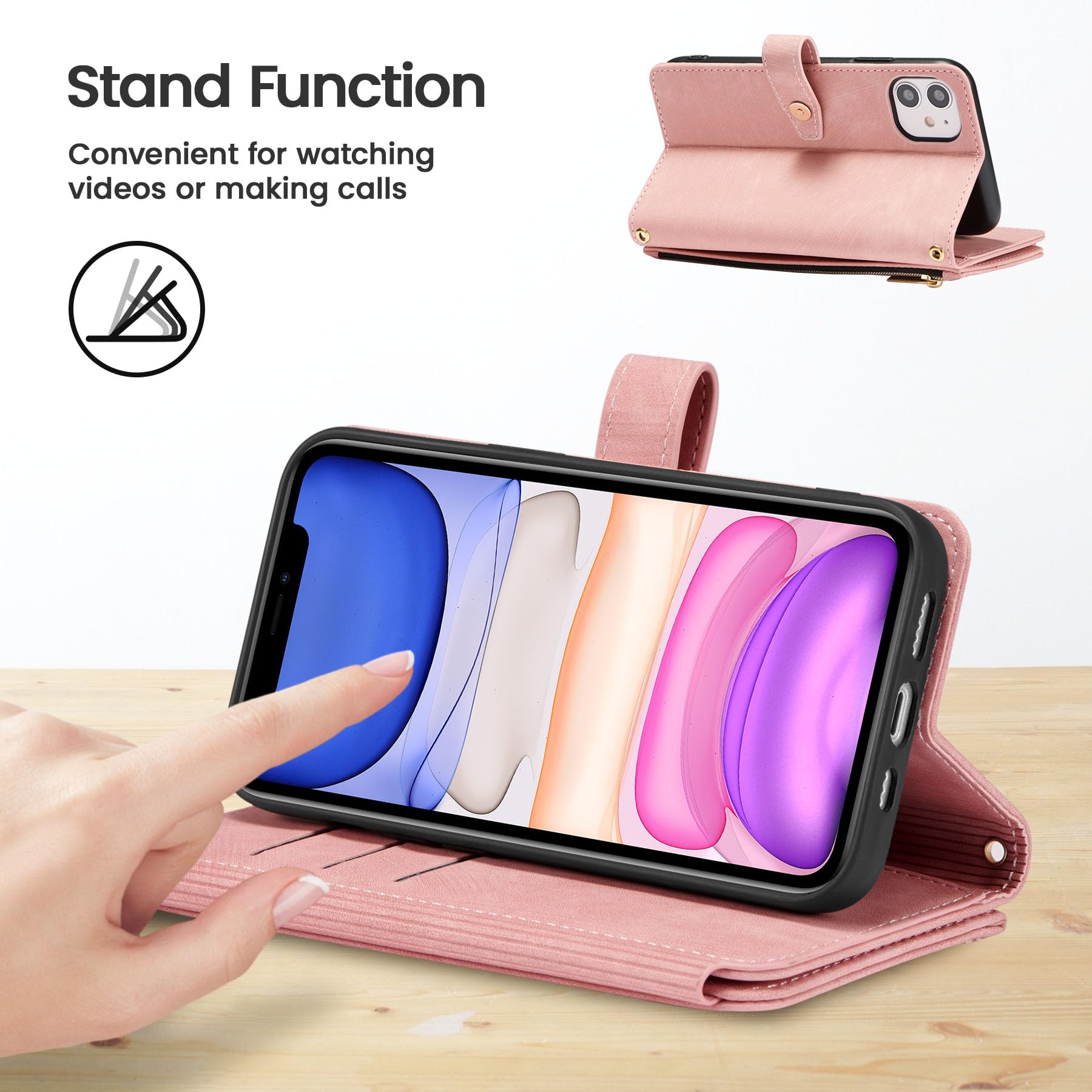 ZCDAYE Premium Leather Zipper Wallet Phone Case for iPhone 11 (6.1 inch) with Wrist Strap - Pink | Slim Flip Cover with Card Slots & Cash Pocket | Perfect for Everyday Use, Travel & Shopping