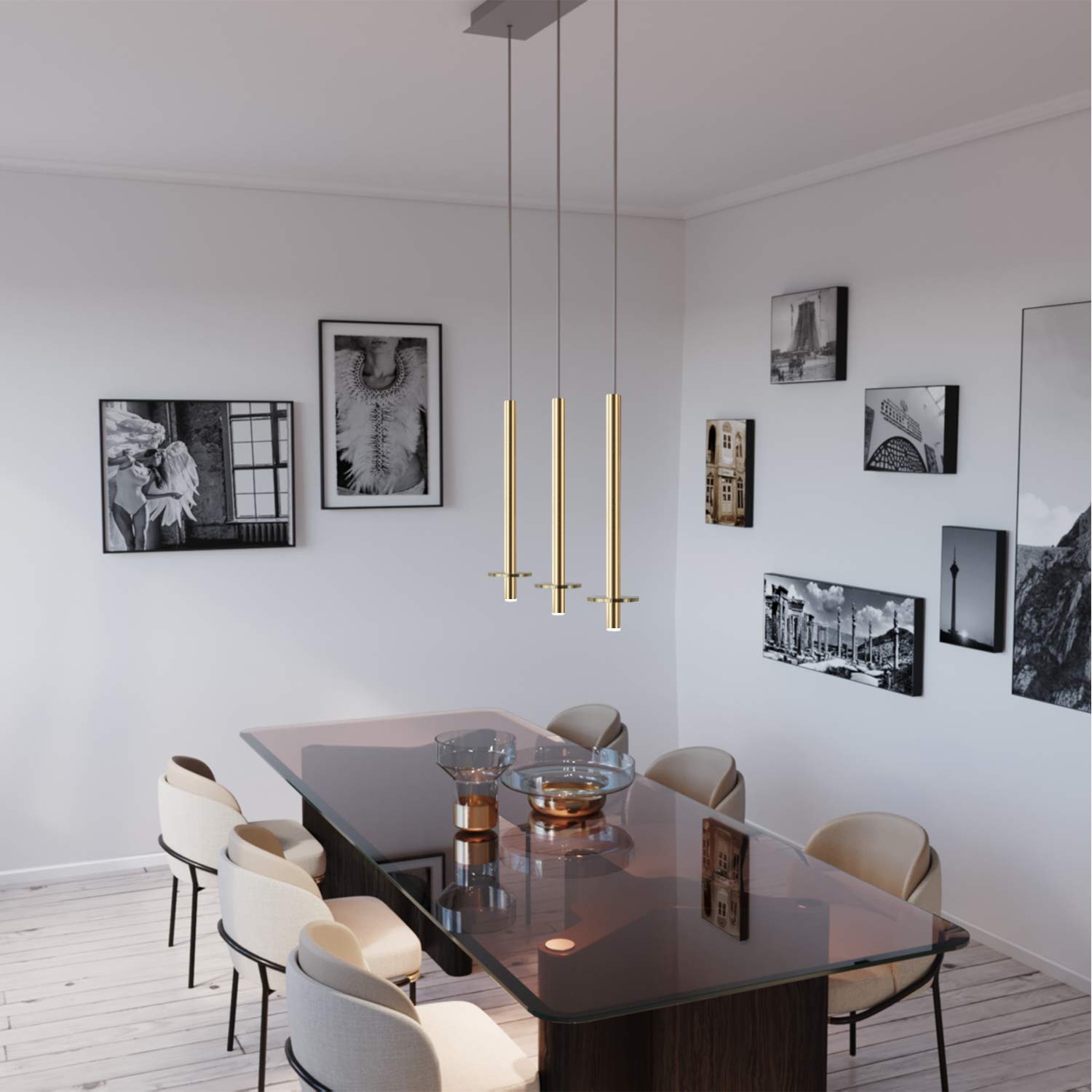 Draco 3 Pendant Lighting Brass - Modern LED Hanging Light Fixture for Kitchen Island, Dining Room, Bar, Foyer - Adjustable Dimmable Cluster Mini Metal Rod Pipe Cylinders - Perfect for Home Decor & Commercial Spaces