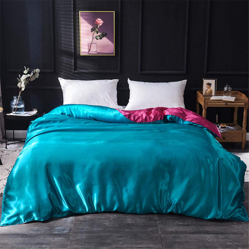 Luxury 100% Silk Comforter Set - Queen Size 4pc Printed Bedding Set with Duvet Cover, Bed Sheet & Pillowcases | Soft Satin Bed Linen for King/Queen/Twin Beds | Home Textile in Lake Blue & Rose Red | Perfect for Master Bedrooms, Guest Rooms & Luxury Hotels