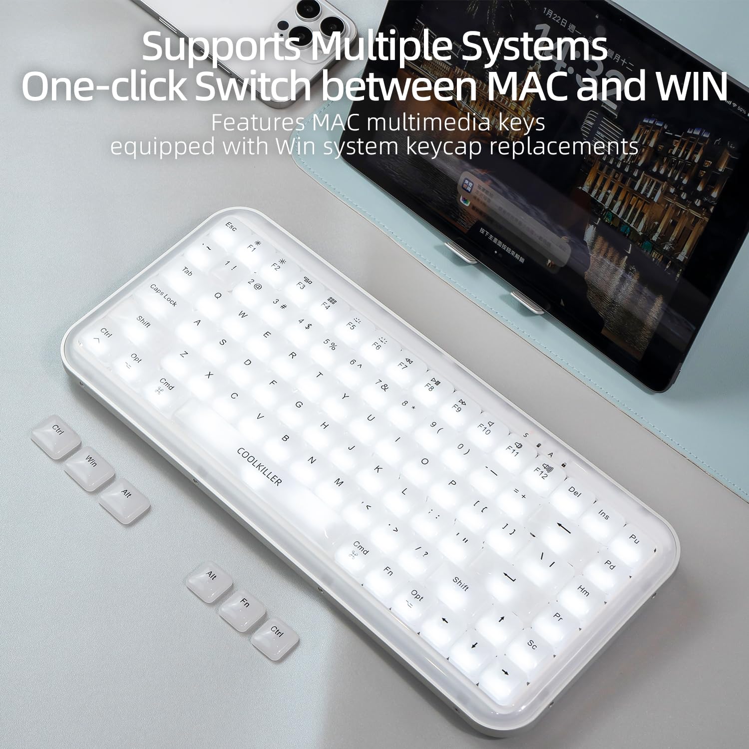 CoolKiller Balloon 84 Low Profile Mechanical Keyboard - Wireless Custom RGB Backlit Hot-Swappable Gaming Keyboard with BT5.1/2.4G/USC-C for Windows/Mac (White, Linear Switches) | Perfect for Office Work, Gaming & Programming