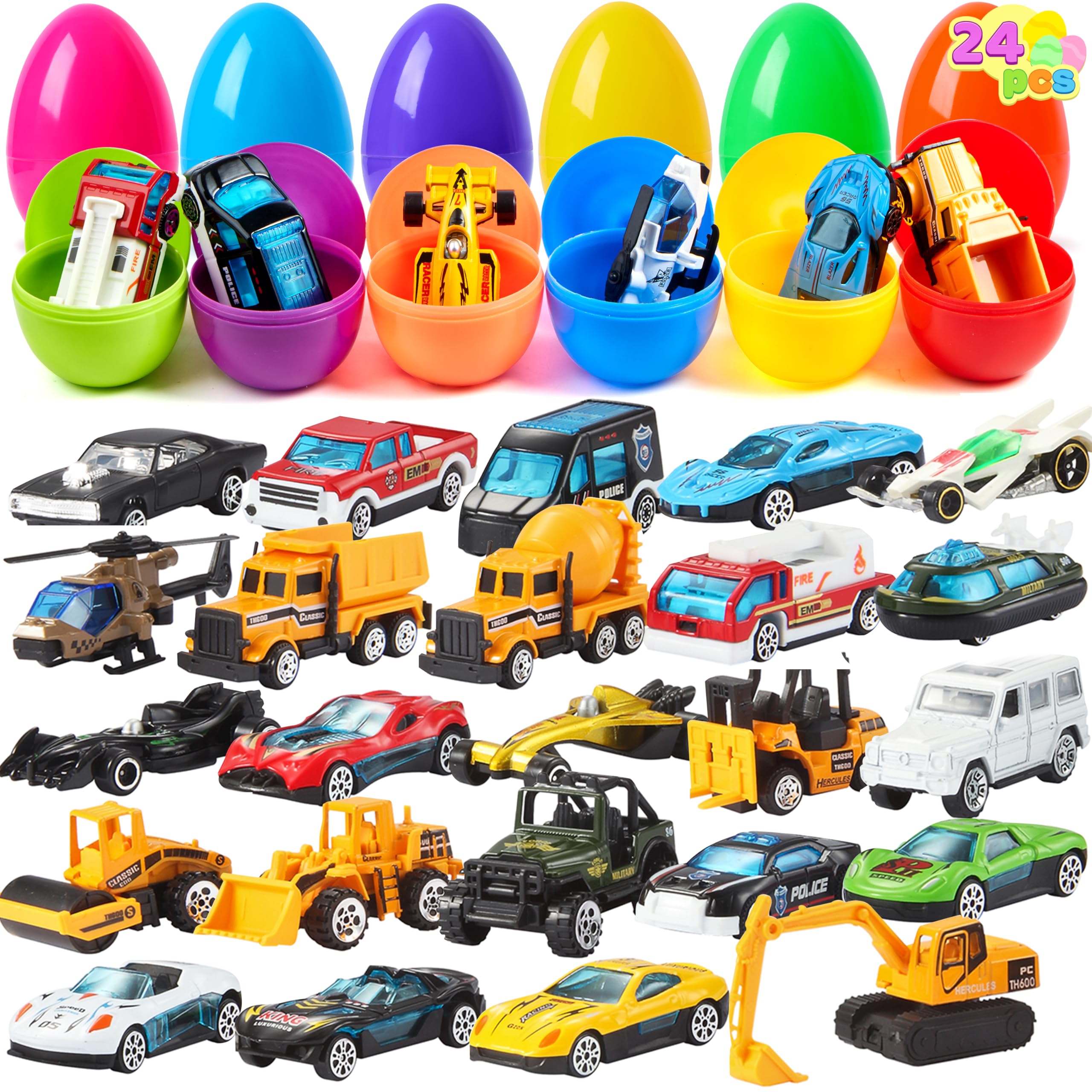 JOYIN 24 Pcs Prefilled Easter Eggs with Mini Cars - Vehicle Toys for Boys & Kids - Easter Party Favors, Egg Hunt Prizes, Basket Stuffers, Classroom Rewards - Perfect for Easter Celebrations, Birthday Parties & Kids' Events