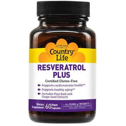 Country Life Resveratrol Plus Supplement - 100mg Antioxidant Support for Heart & Brain Health - Vegan, Non-GMO - Supports Healthy Aging & Cellular Function - Perfect for Daily Wellness Routine & Anti-Aging Regimen