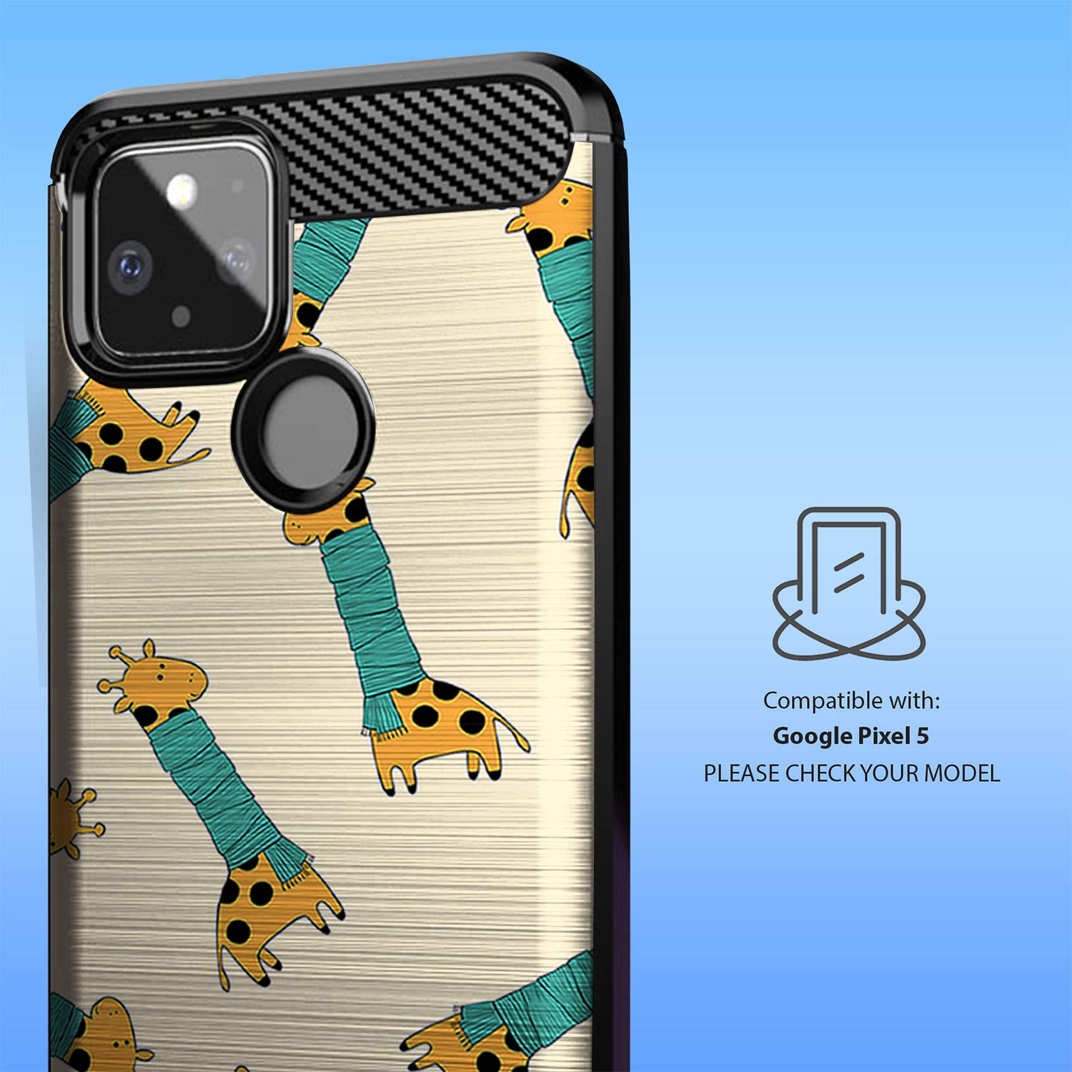 Google Pixel 5 (2020) Case | Slim Black TPU Phone Cover with Shock Protection & Giraffe Design | Compatible with 6.0