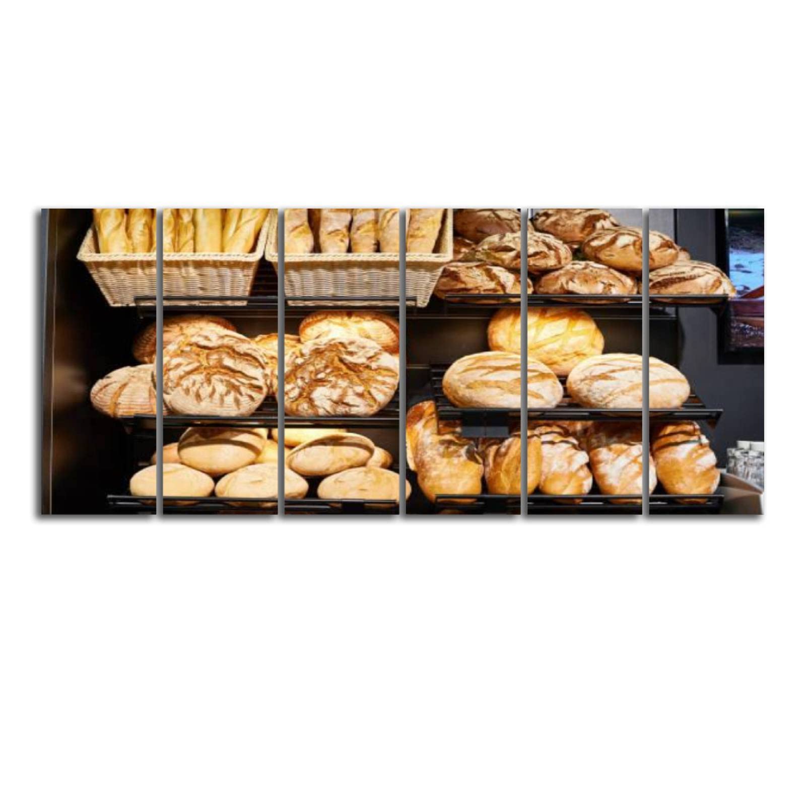 6 Panel Canvas Wall Art - Fresh Bread on Shelves in Bakery Print, Framed Ready to Hang Pictures for Living Room Decor | Perfect for Kitchen, Dining Room & Cafe Style Home Decoration