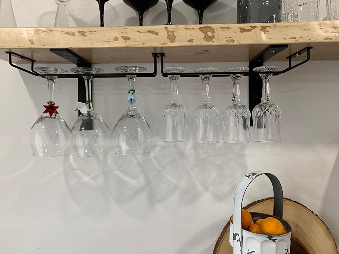 14-Inch Black Stainless Steel Under Cabinet Wine Glass Rack - Hanging Stemware Holder for Kitchen, Bar & Cabinet Storage (Set of 4) - Perfect for Organizing Wine Glasses & Saving Space