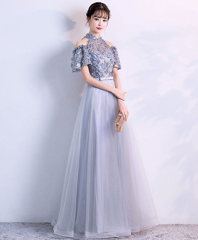Elegant Gray Tulle Applique Long Prom Dress - Formal Evening Gown for Women | Perfect for Homecoming, Ball, Wedding & Special Occasions