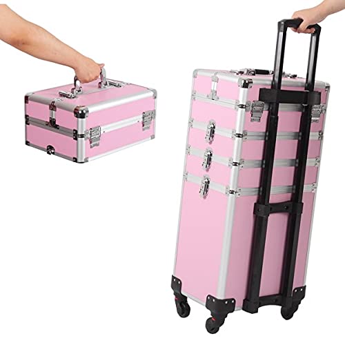 4 in 1 Rolling Portable Makeup Storage Box - Large Cosmetic Organizer Train Case with Wheels for Women & Girls | Travel, Salon, Home & Professional Makeup Artist Use